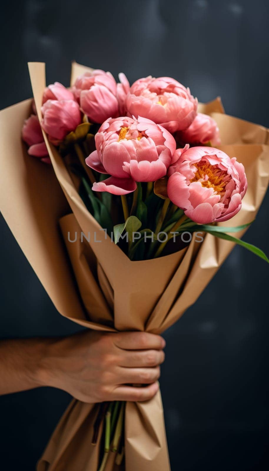 Man holding bouquet of peonies in craft paper against white wall, space for text