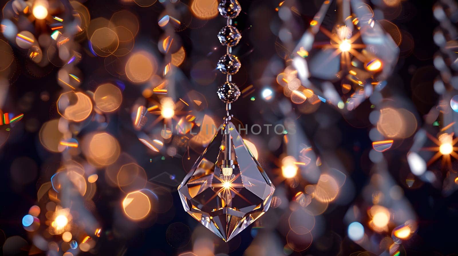 A detailed shot of a chandelier adorned with crystal ornaments, resembling a sparkling waterfall cascading from the sky