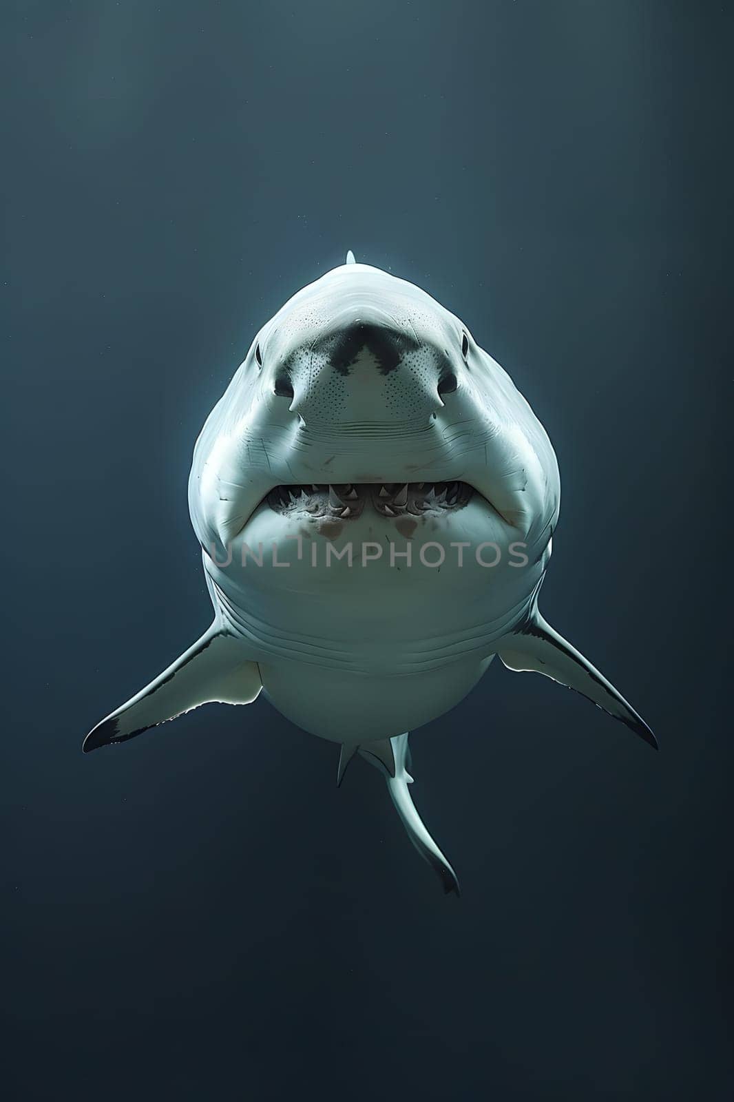 A Lamniformes shark is gracefully swimming in the underwater, showing its powerful fin and observing the camera in the vast liquid world of the ocean
