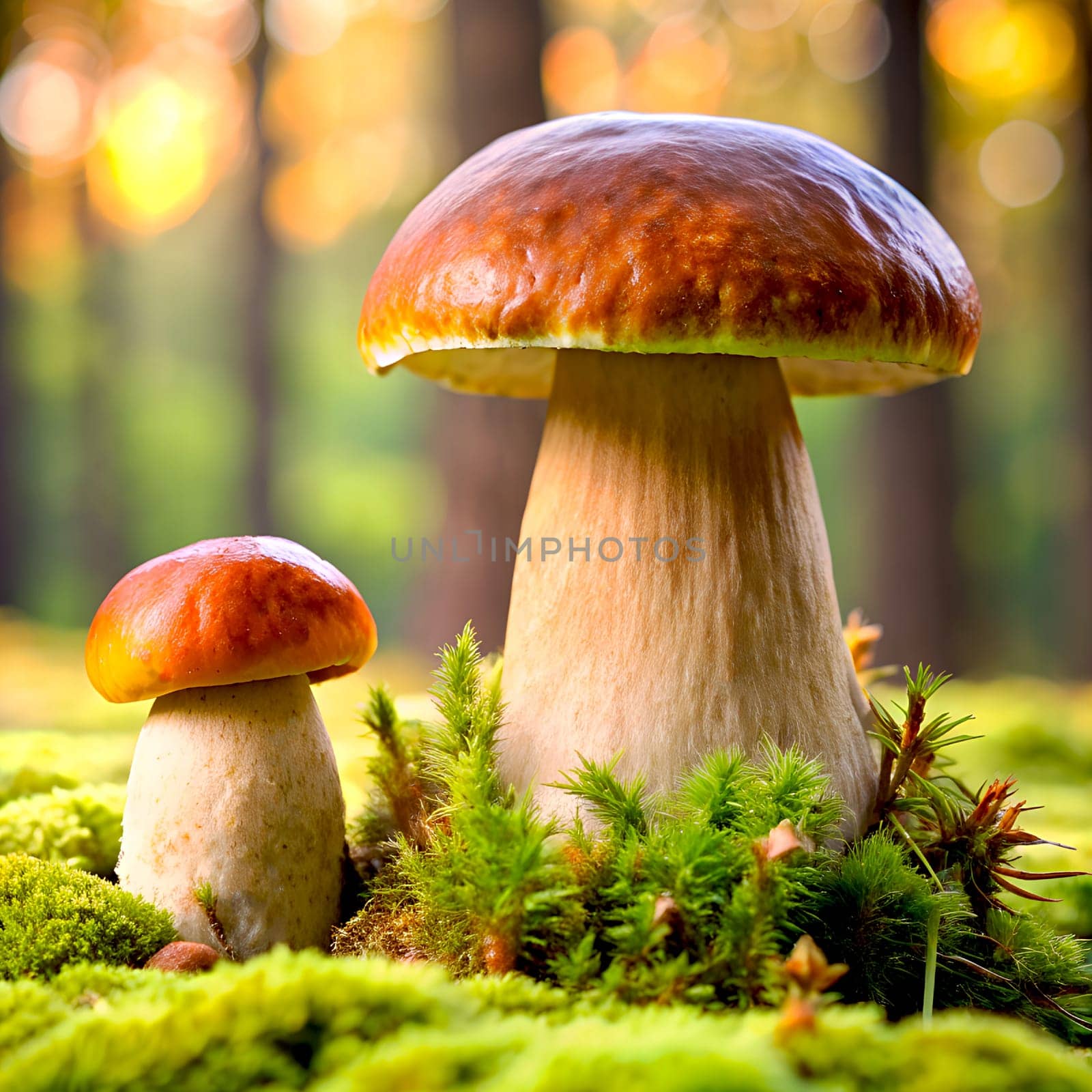 Boletus mushrooms growing from moss against a forest background close-up, generated by AI. by Margo