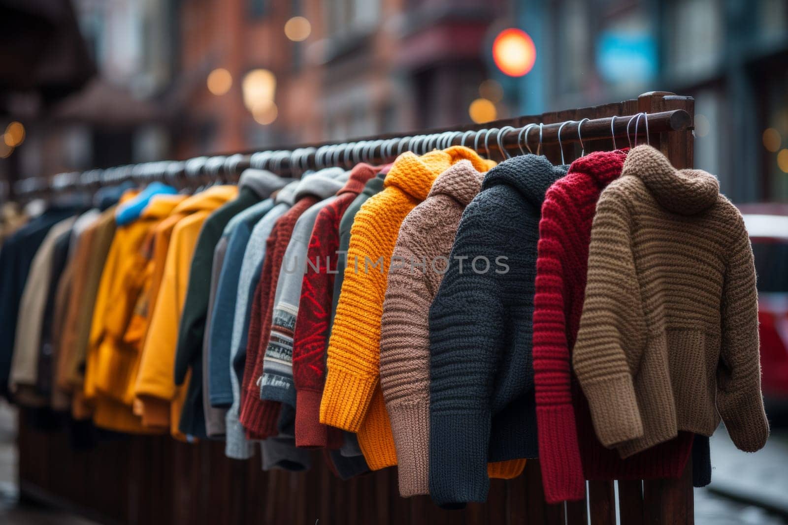 Outdoor street market clothing rack with variety of clothes for sale in busy city center marketplace
