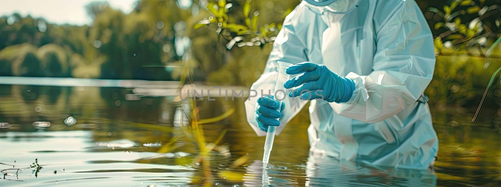 Water samples in test tubes on a pond. Selective focus. Nature.