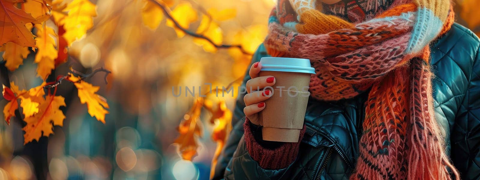 A woman drinks coffee in an autumn park. Selective focus. drinks.