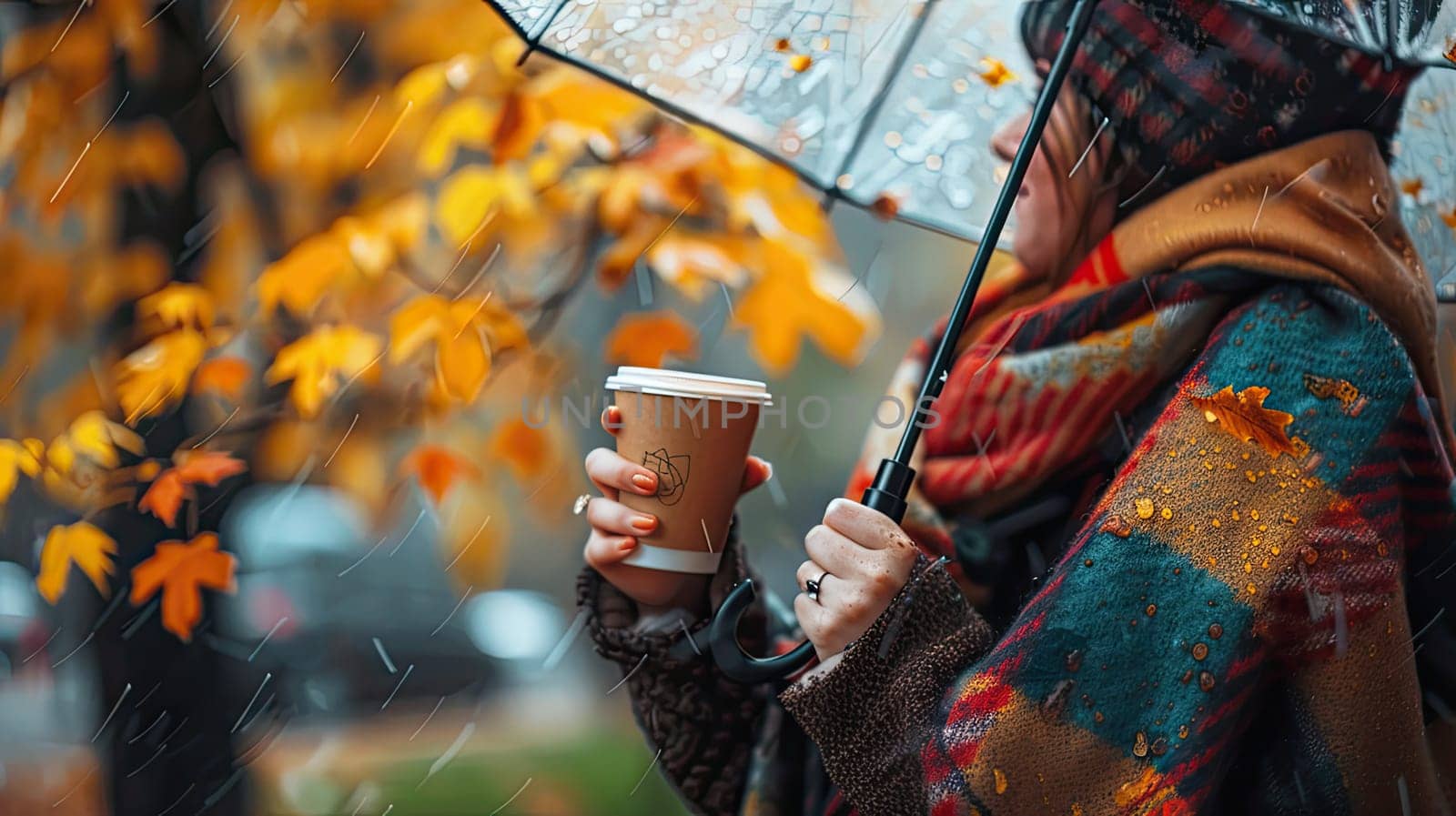 A woman drinks coffee in an autumn park. Selective focus. drinks.