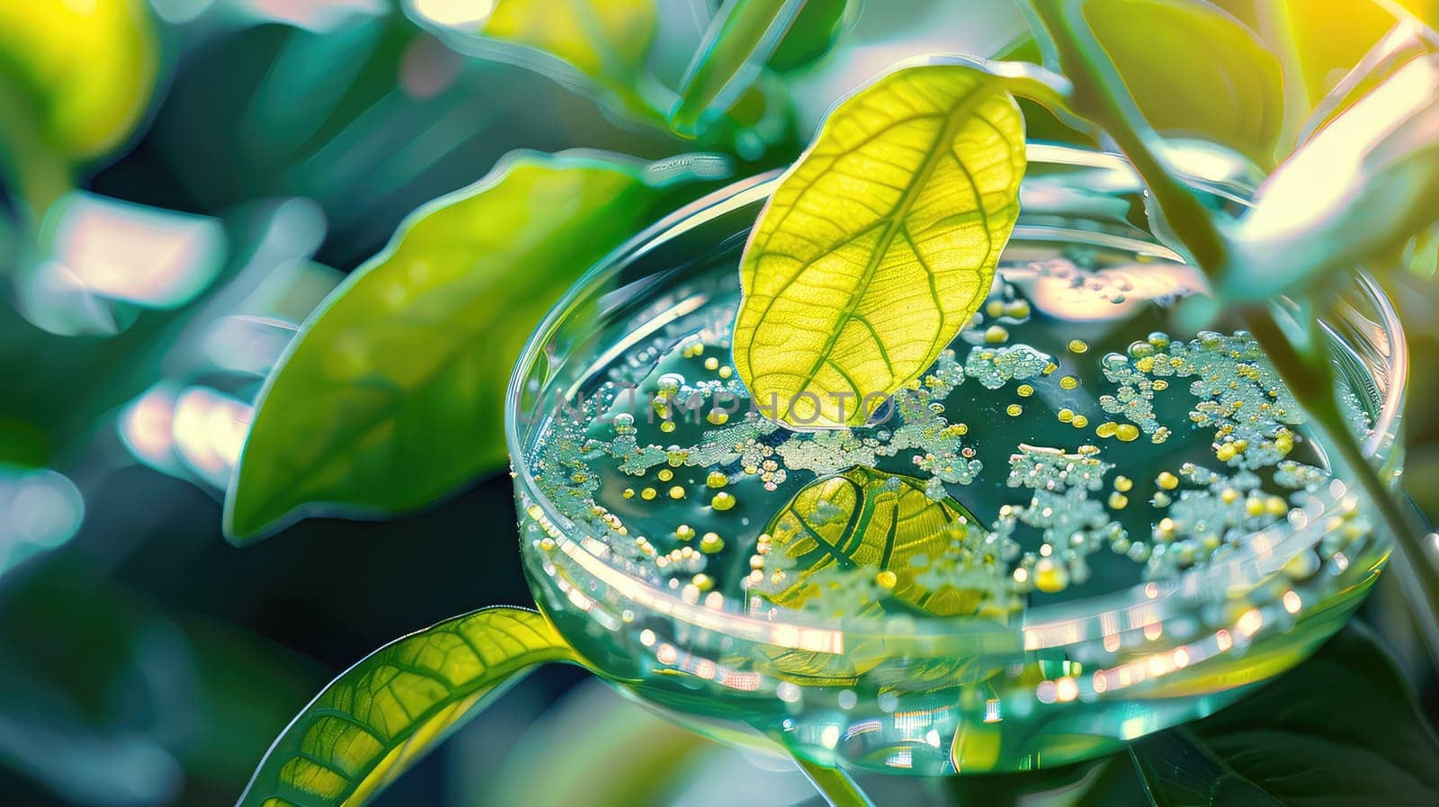 Petri dish with bacteria on a background of green leaves. Selective focus. Nature.