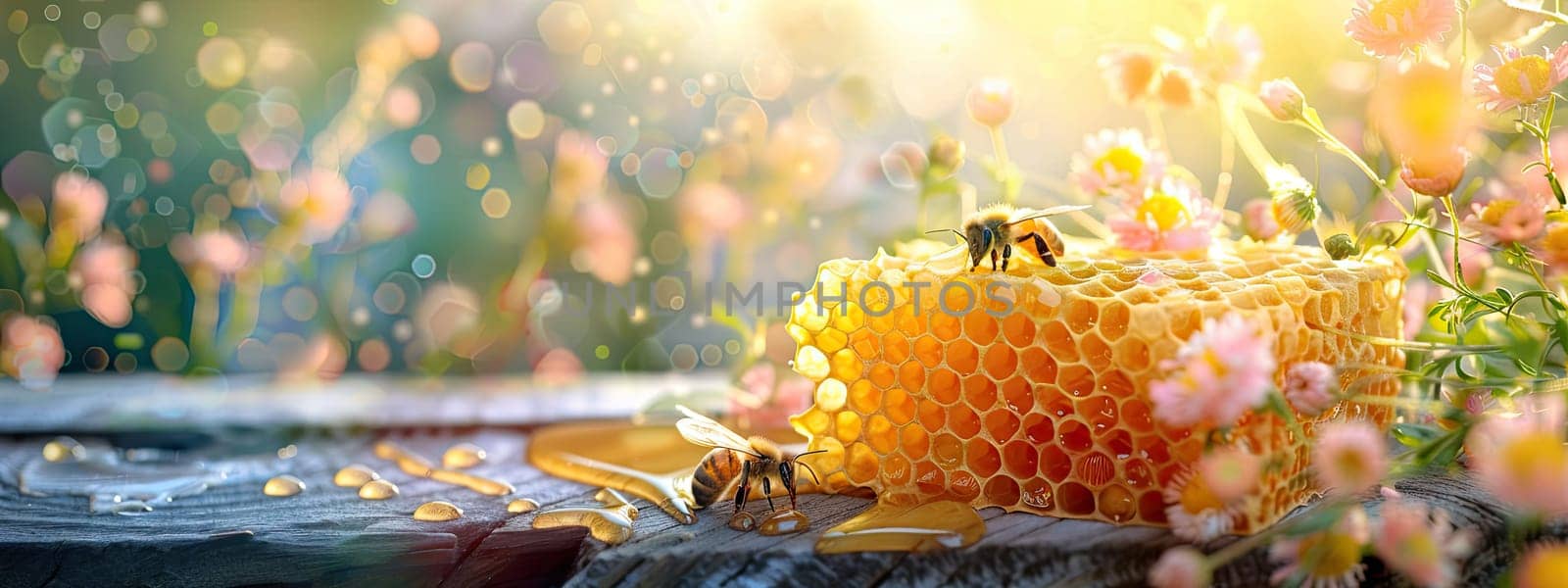 Honey with honeycombs and flowers. Selective focus. Nature.