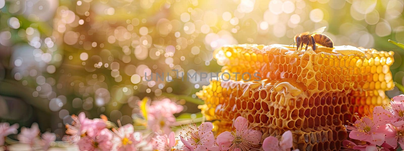 Honey with honeycombs and flowers. Selective focus. Nature.