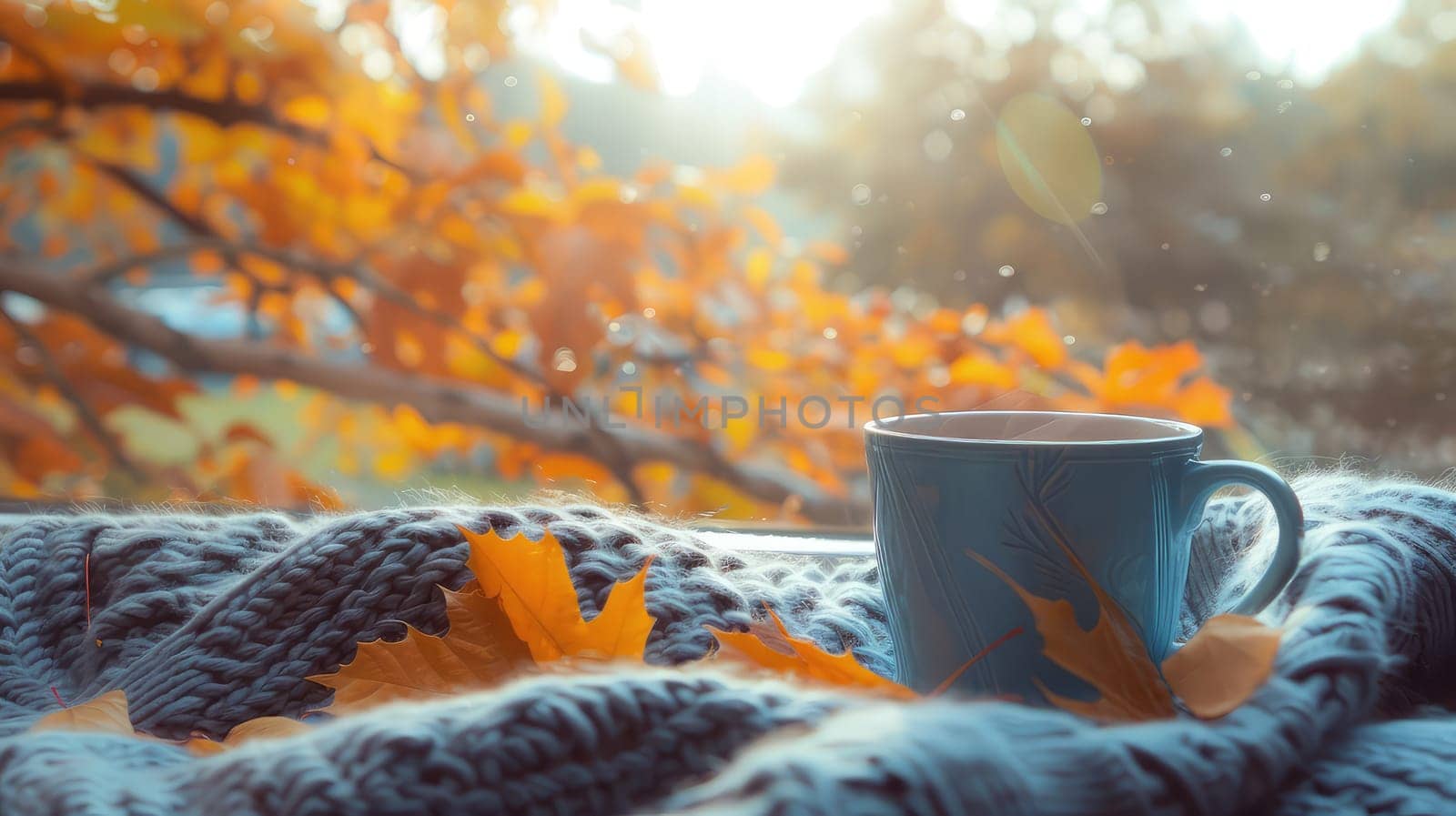 A cup of tea against the background of a wet autumn window. Selective focus. drinks.