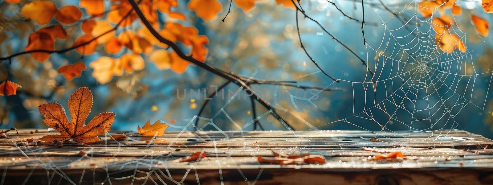 Wooden table in the autumn park. Selective focus. Nature.