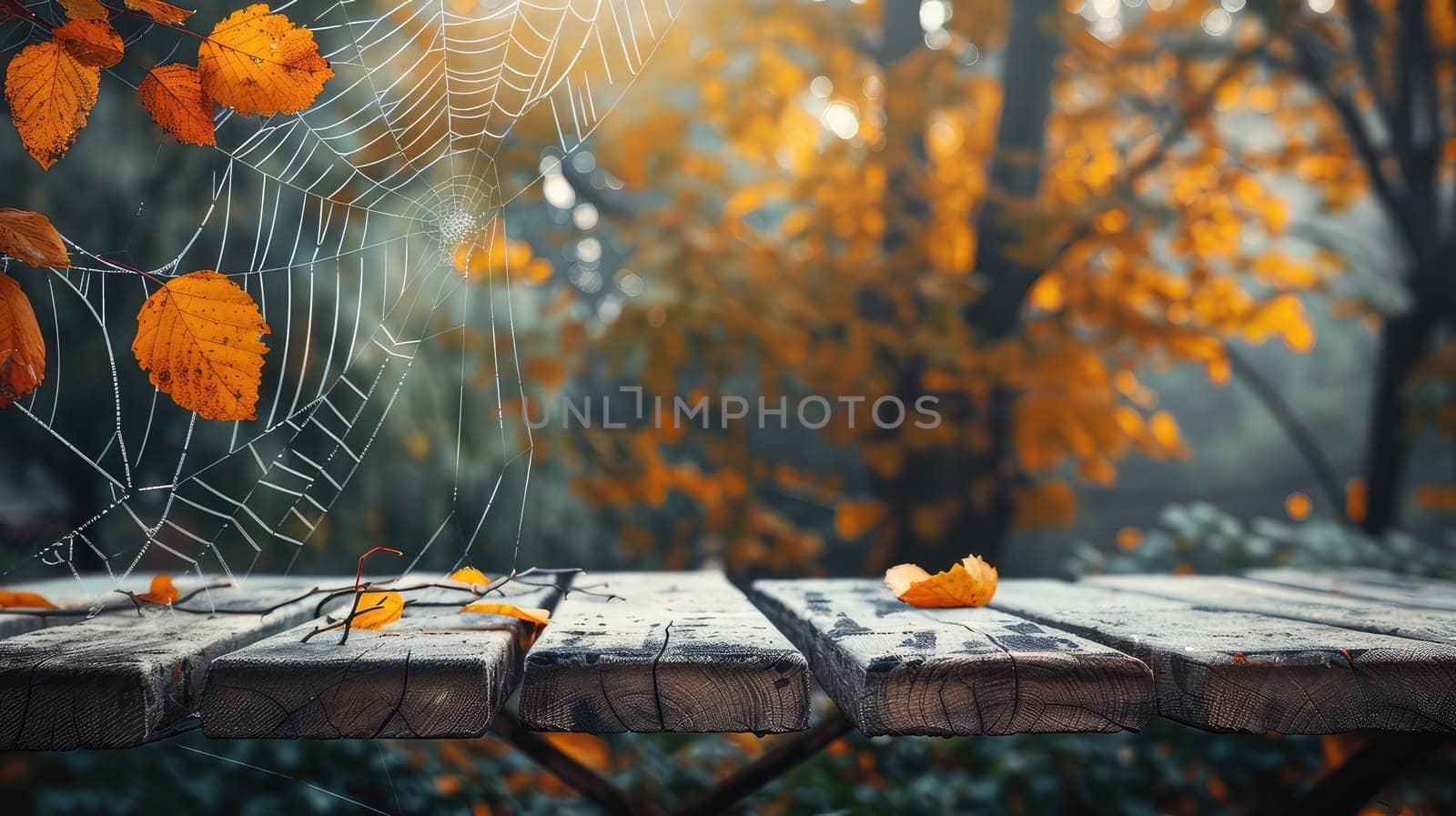 Wooden table in the autumn park. Selective focus. Nature.