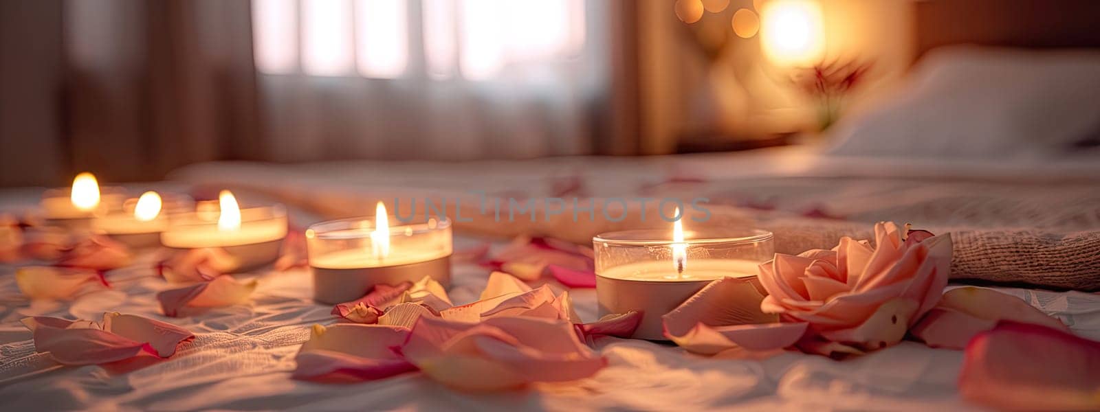 Bed of candles and rose petals. Selective focus. by yanadjana