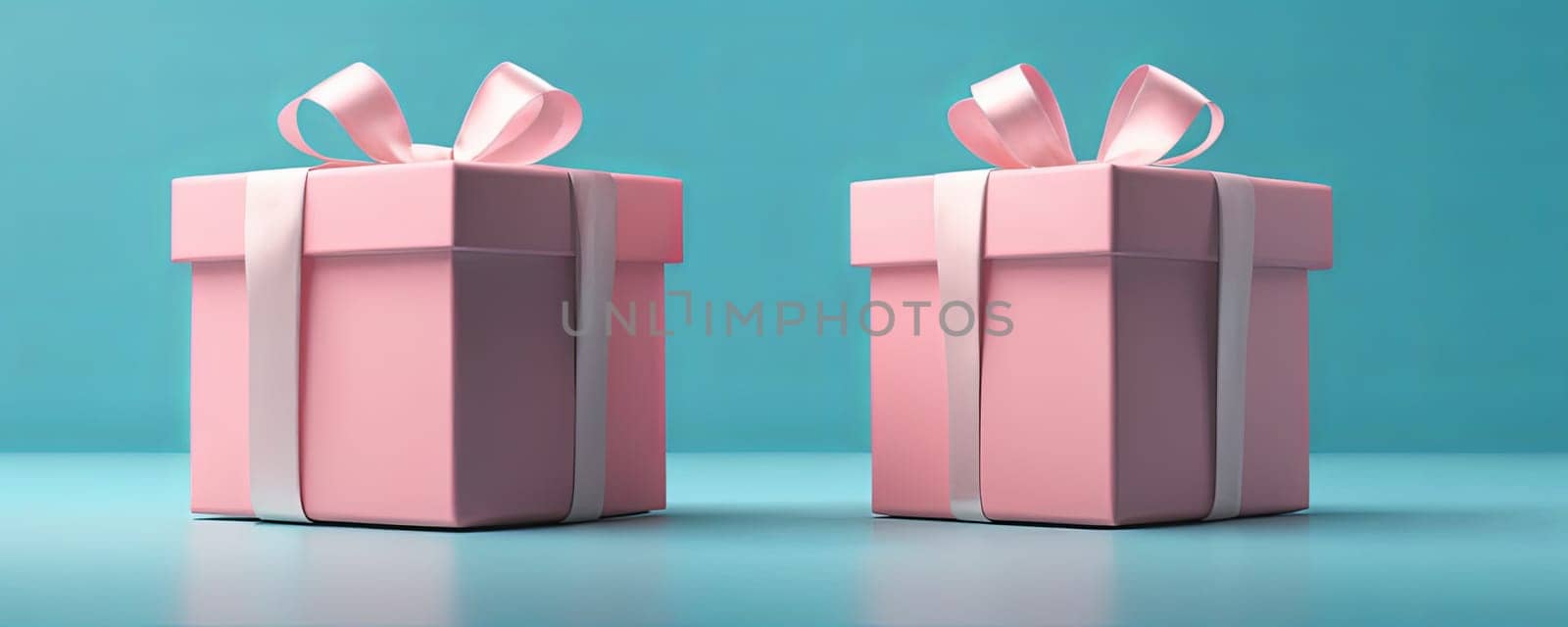 Gift boxes with red ribbons, white surface, teal background, celebration, gifting opportunity.