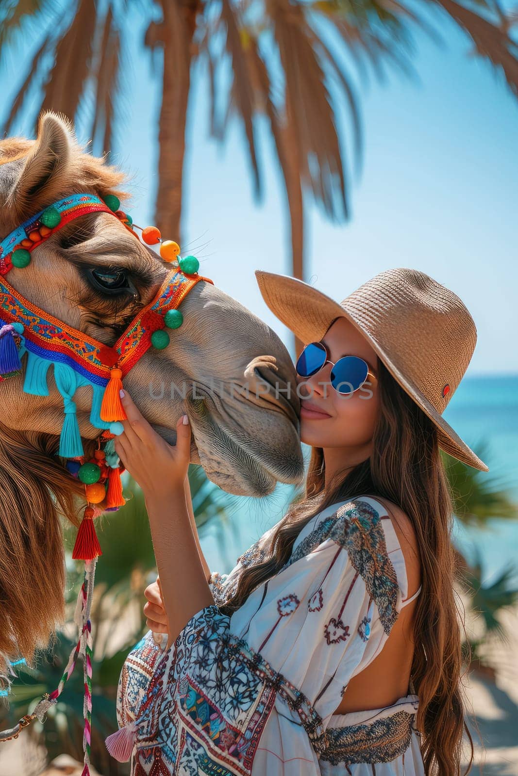 A tourist hugs a camel on the beach. Selective focus. travel.
