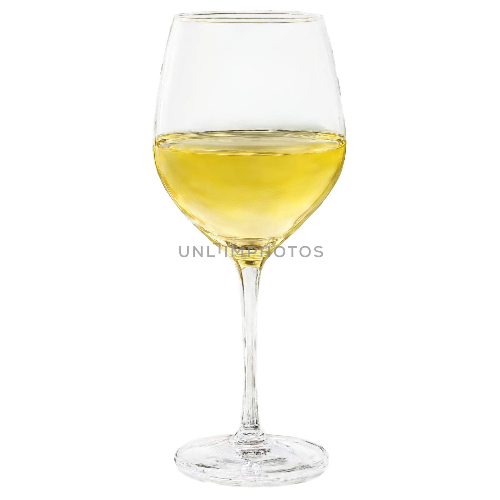 Luigi Bormioli Atelier Chardonnay glass laser cut rim fine Italian crystal buttery yellow wine shimmering. Close-up wine glass, isolated on transparent background
