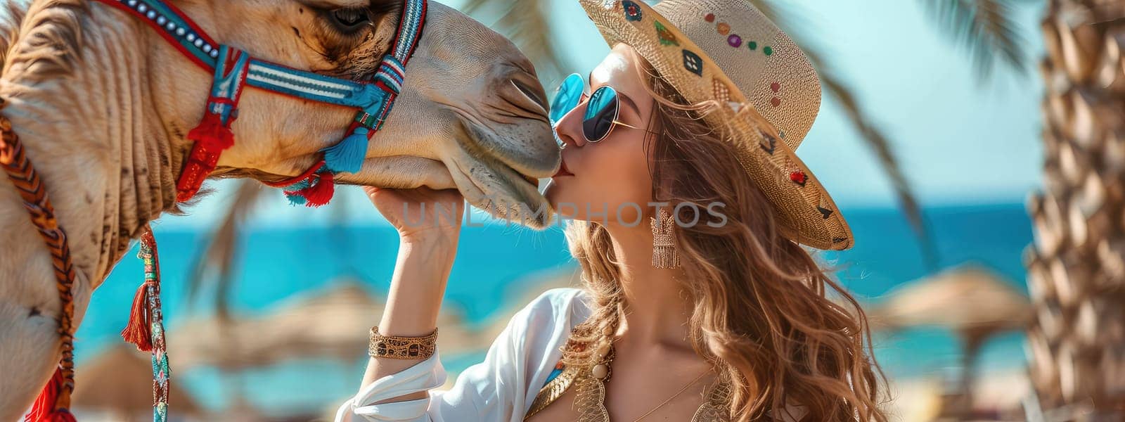 A tourist hugs a camel on the beach. Selective focus. travel.