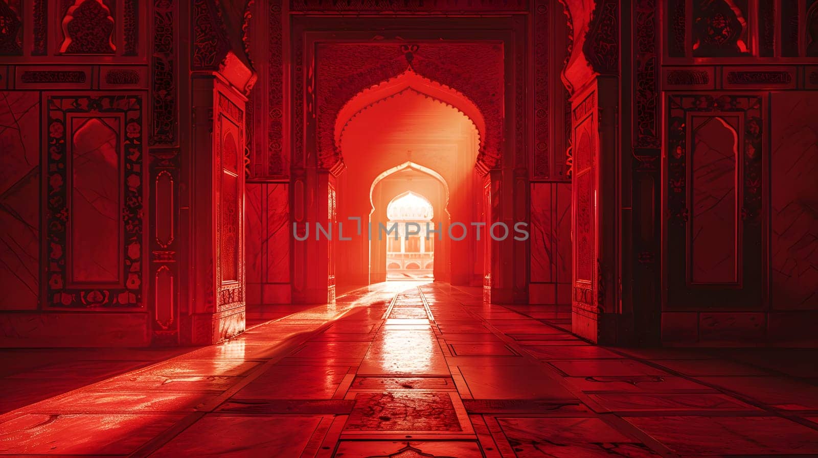 Amber tints and shades of magenta dance through the archway, creating a symmetrical art piece as the suns heat pierces through the darkness of the building column