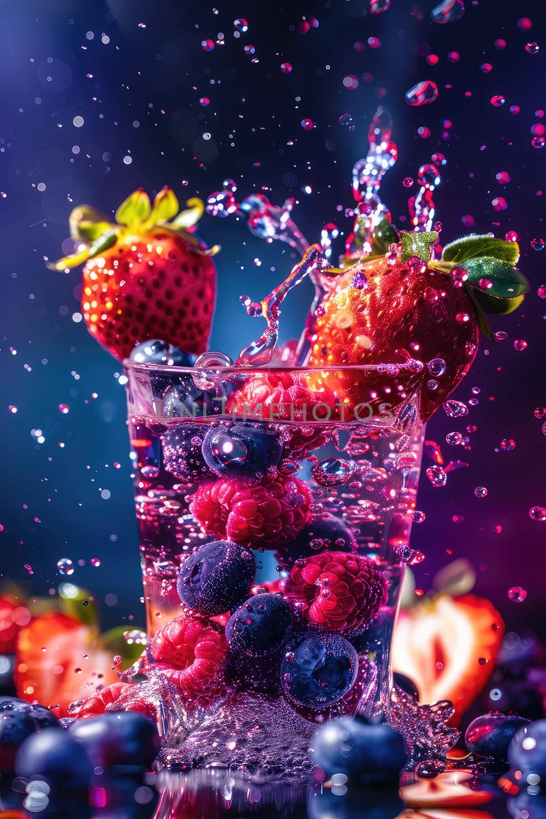 A splash of berries in a glass. Selective focus. food.