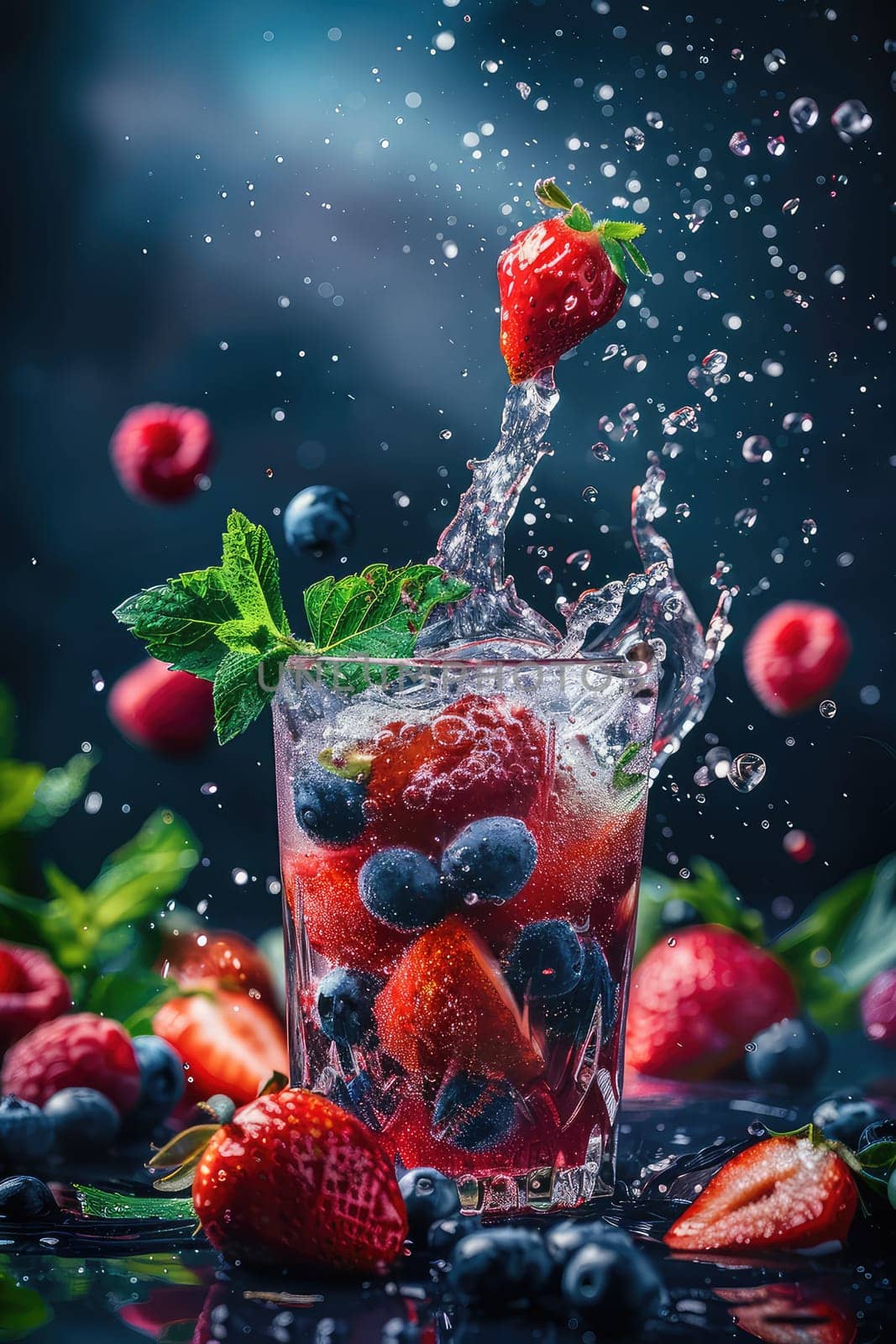 A splash of berries in a glass. Selective focus. food.
