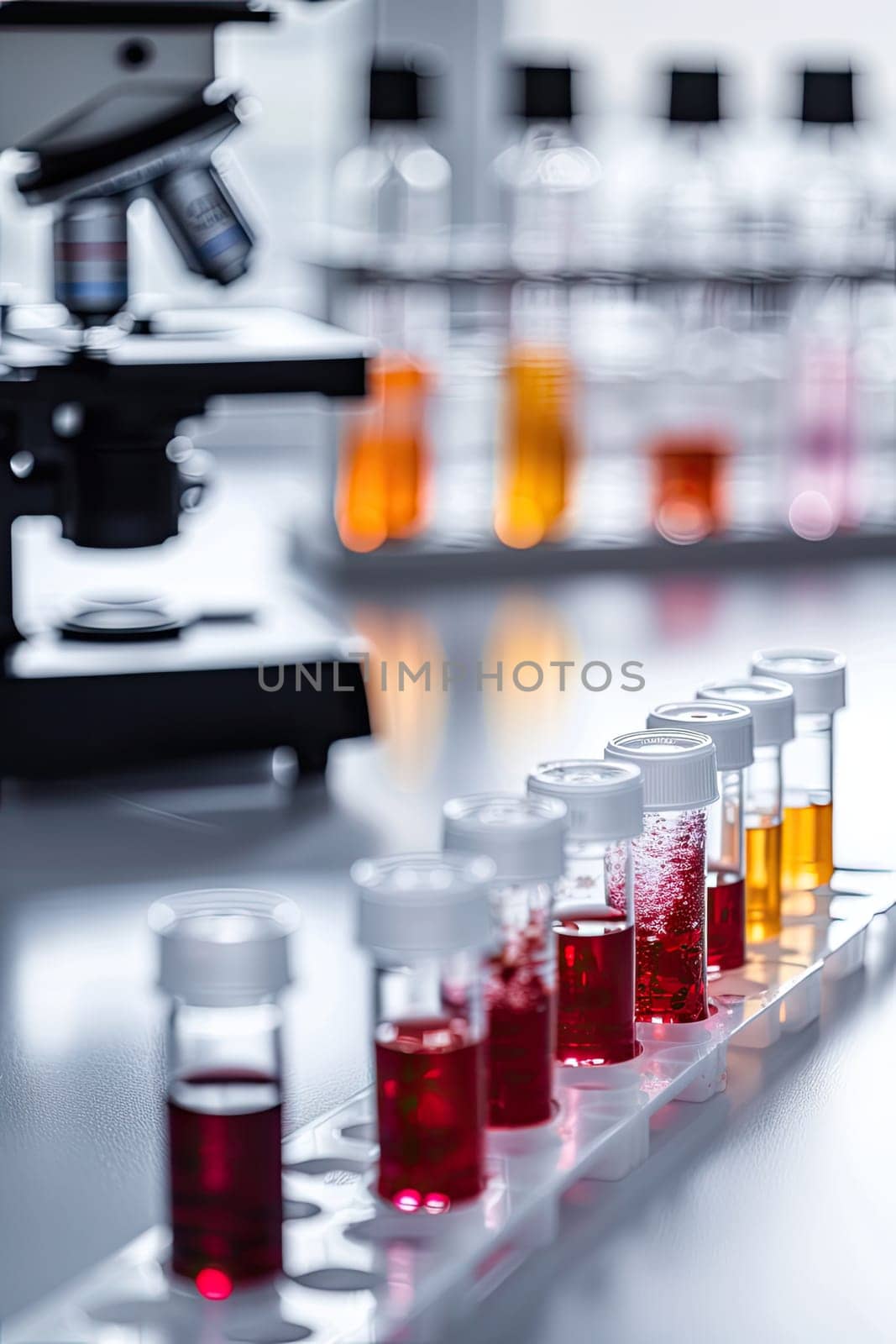 Test tubes on the background of a microscope in the laboratory. Selective focus. Medicine.