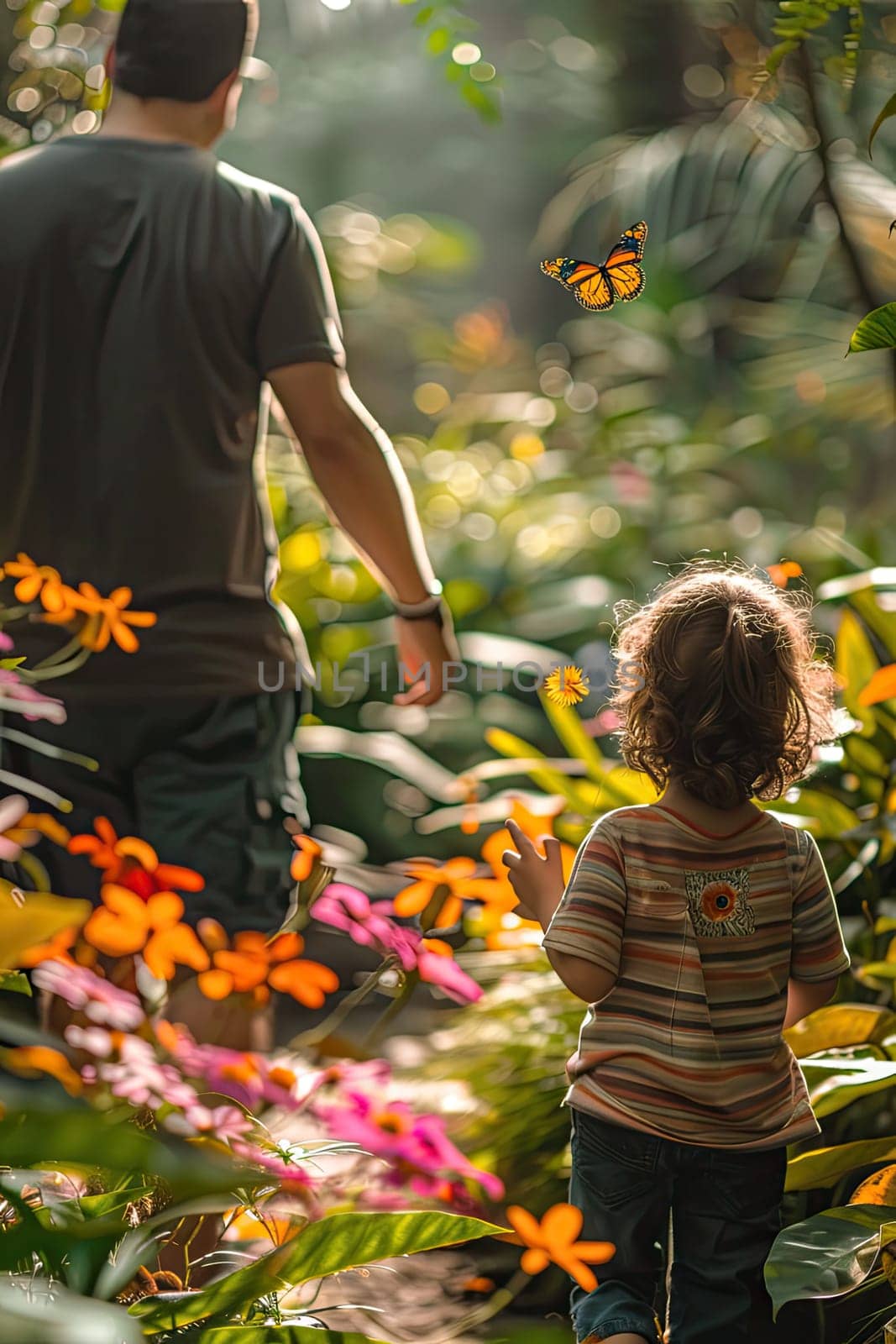 child in a greenhouse with butterflies. Selective focus. nature.