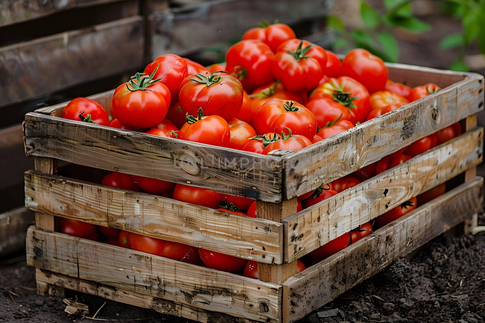 A crate filled with ripe plum tomatoes, a natural food ingredient, is resting on the ground, showcasing the fresh produce of whole food and vegetables