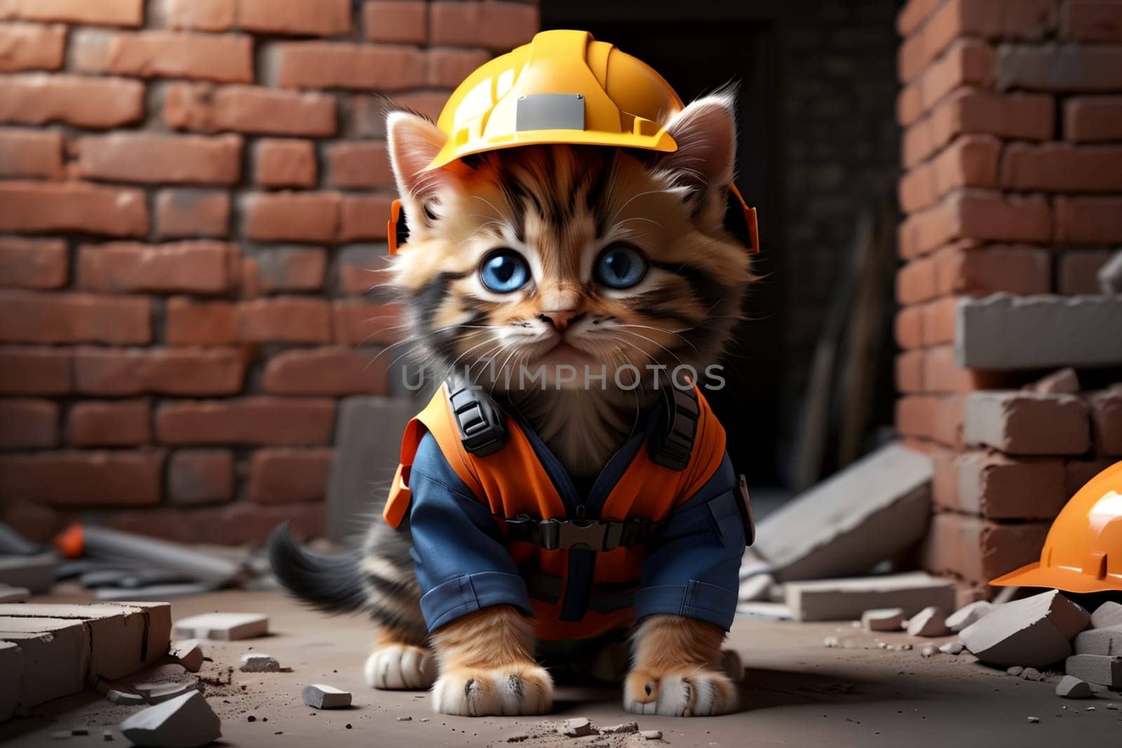 Cute cat in a construction helmet, builder .