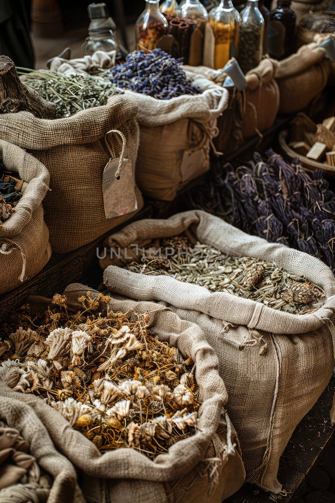 Dried flowers and herbs, infusions and decoctions on the market. Selective focus. nature.