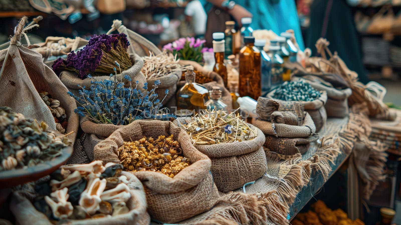 Dried flowers and herbs, infusions and decoctions on the market. Selective focus. nature.