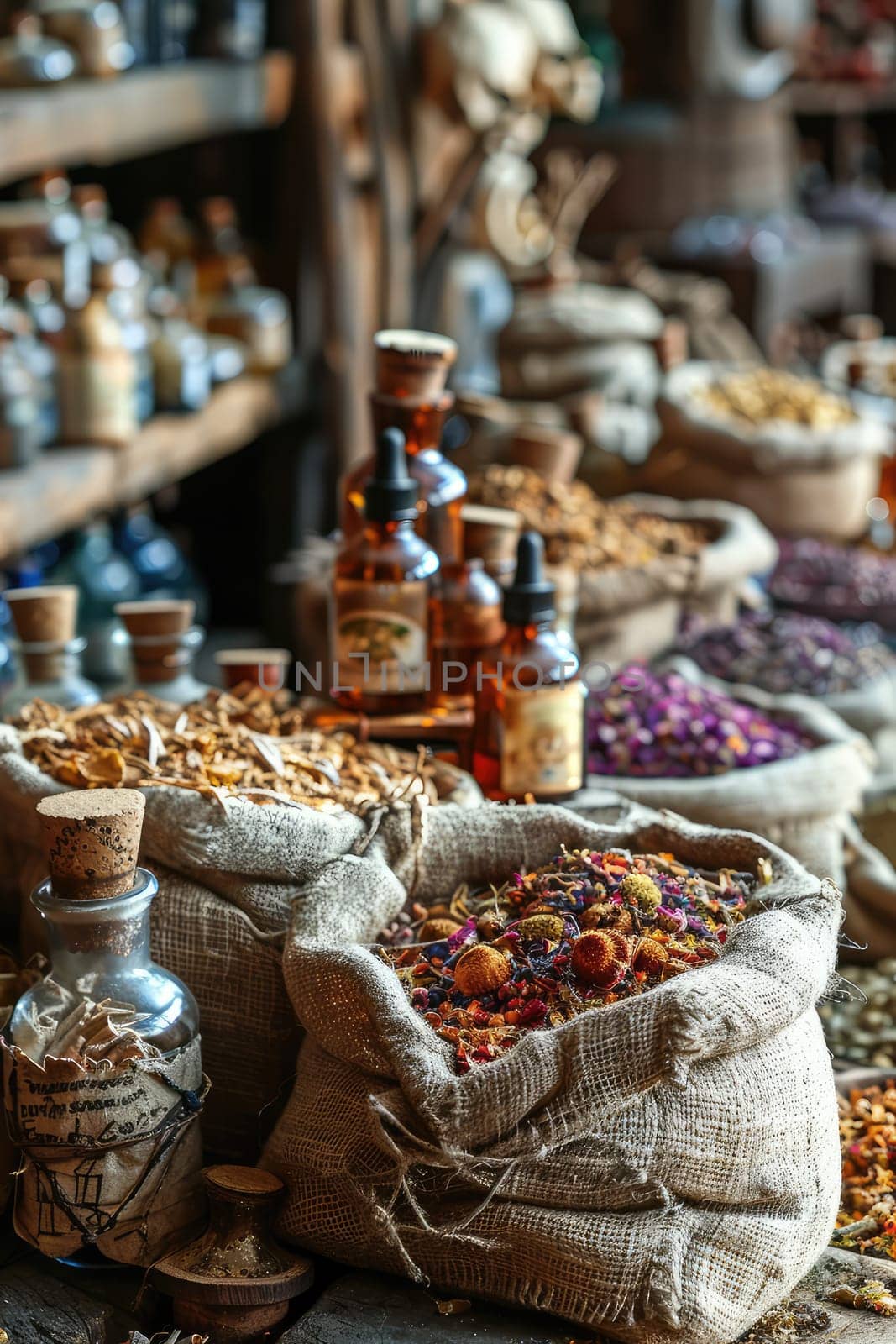 Dried flowers and herbs, infusions and decoctions on the market. Selective focus. nature.