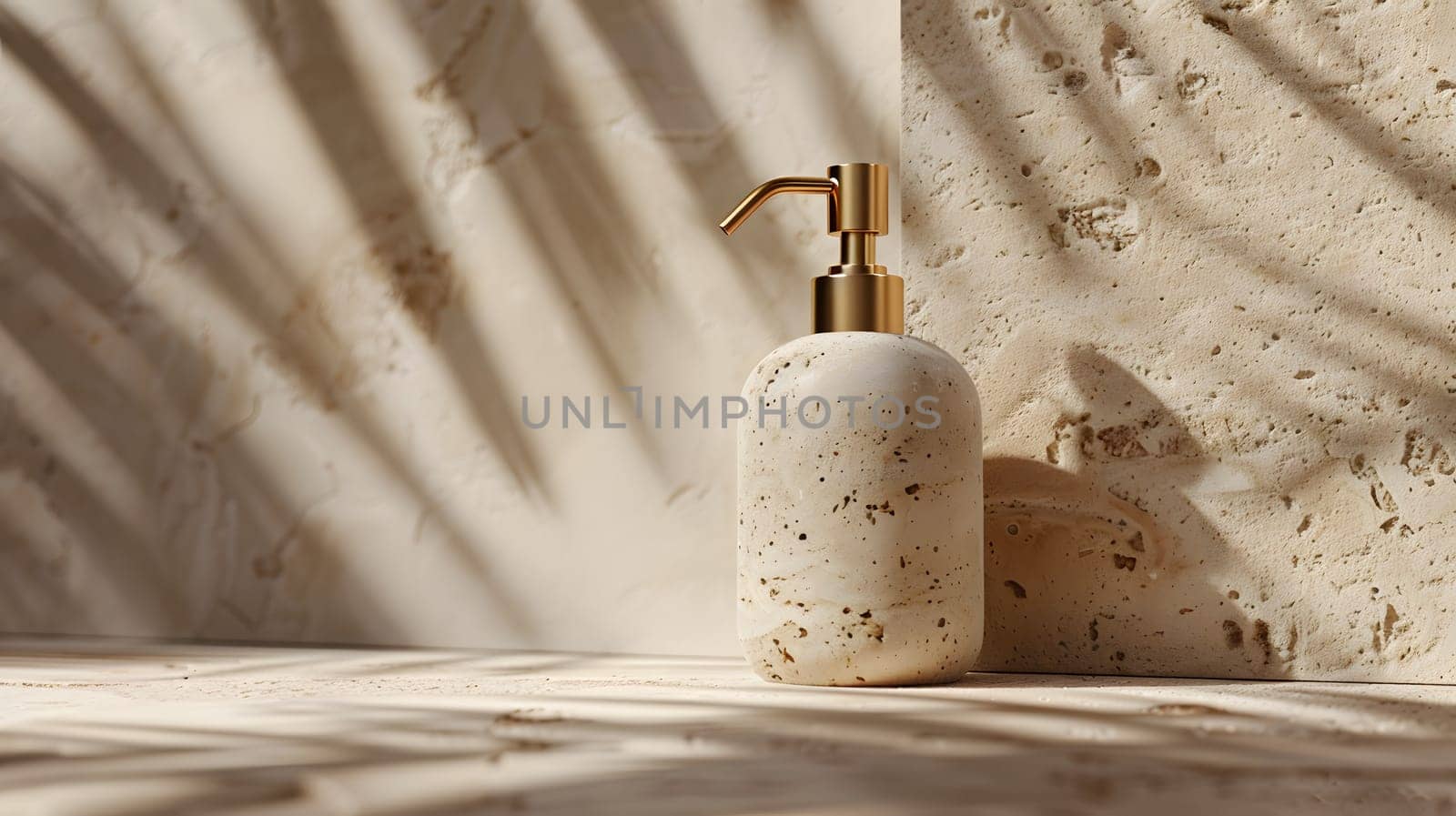 A glass bottle soap dispenser with metal pump sits on a wooden table against a stone wall, blending modern design with rustic elements