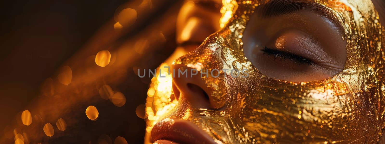 gold mask on a woman's face. Selective focus. spa.