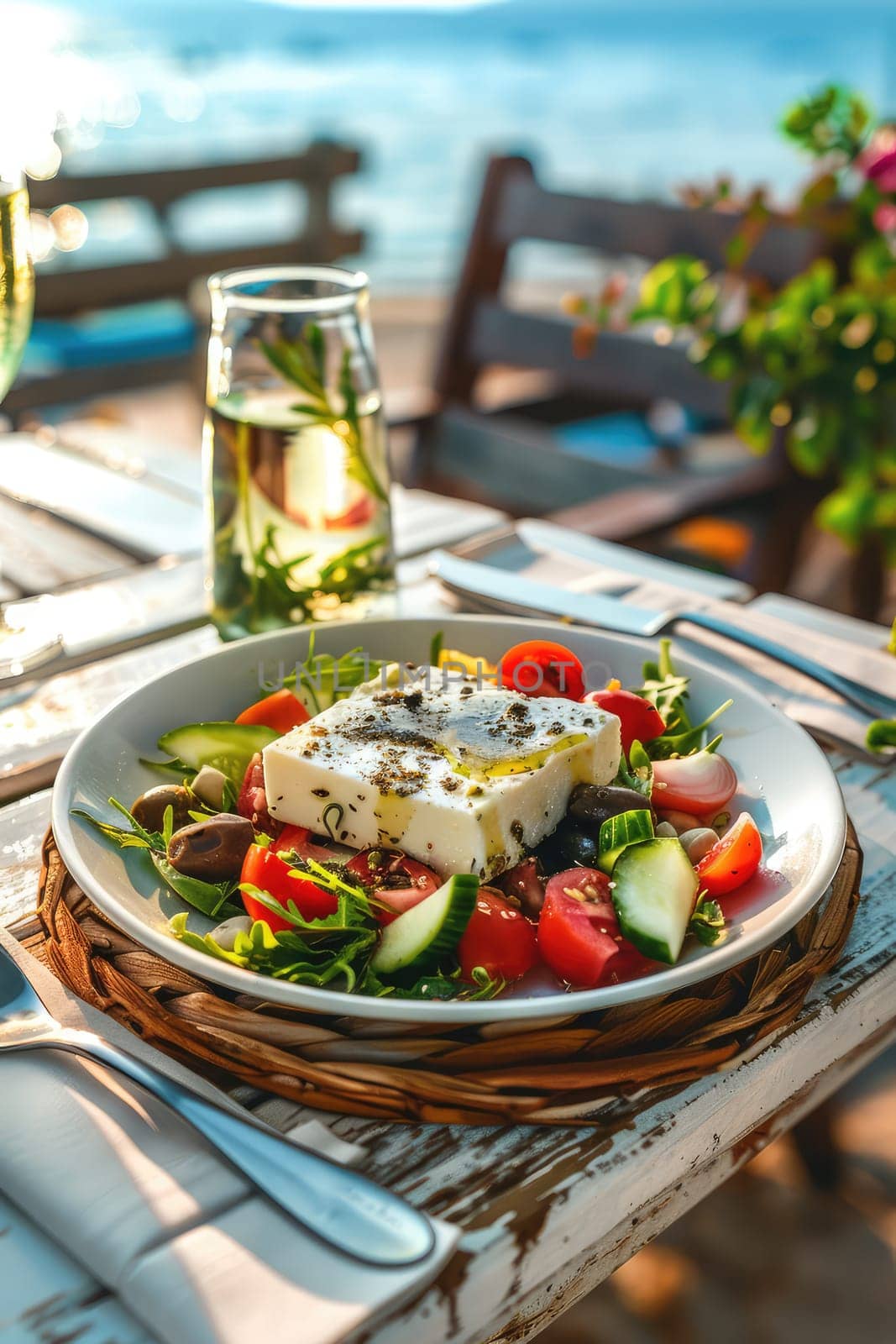 Greek salad against the backdrop of the sea. Selective focus. food.