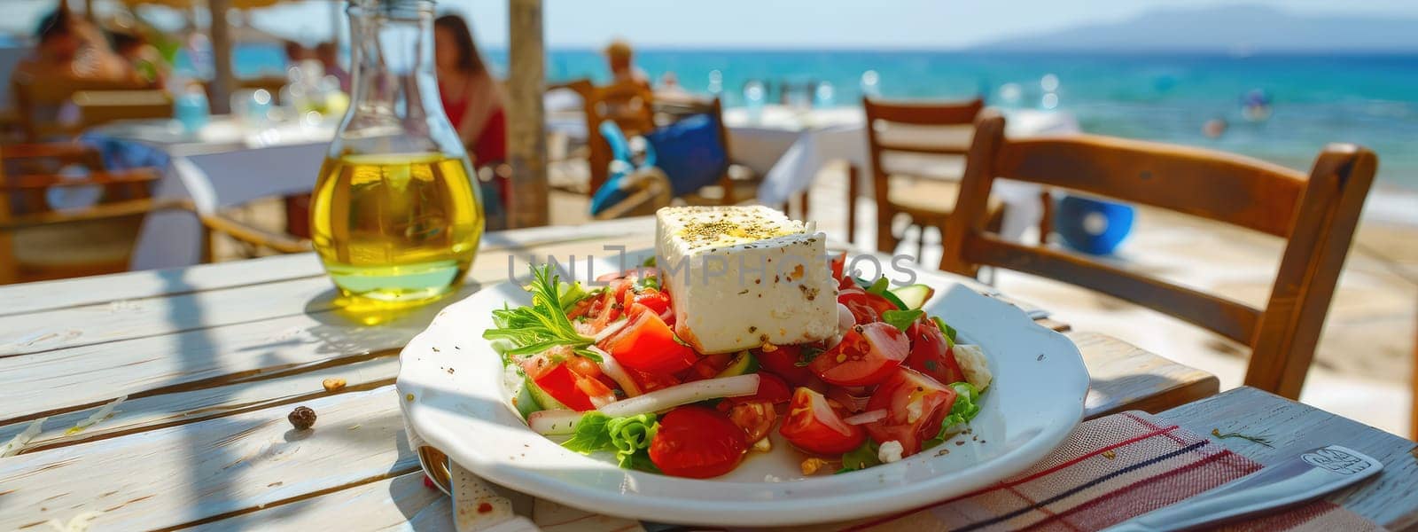 Greek salad against the backdrop of the sea. Selective focus. food.