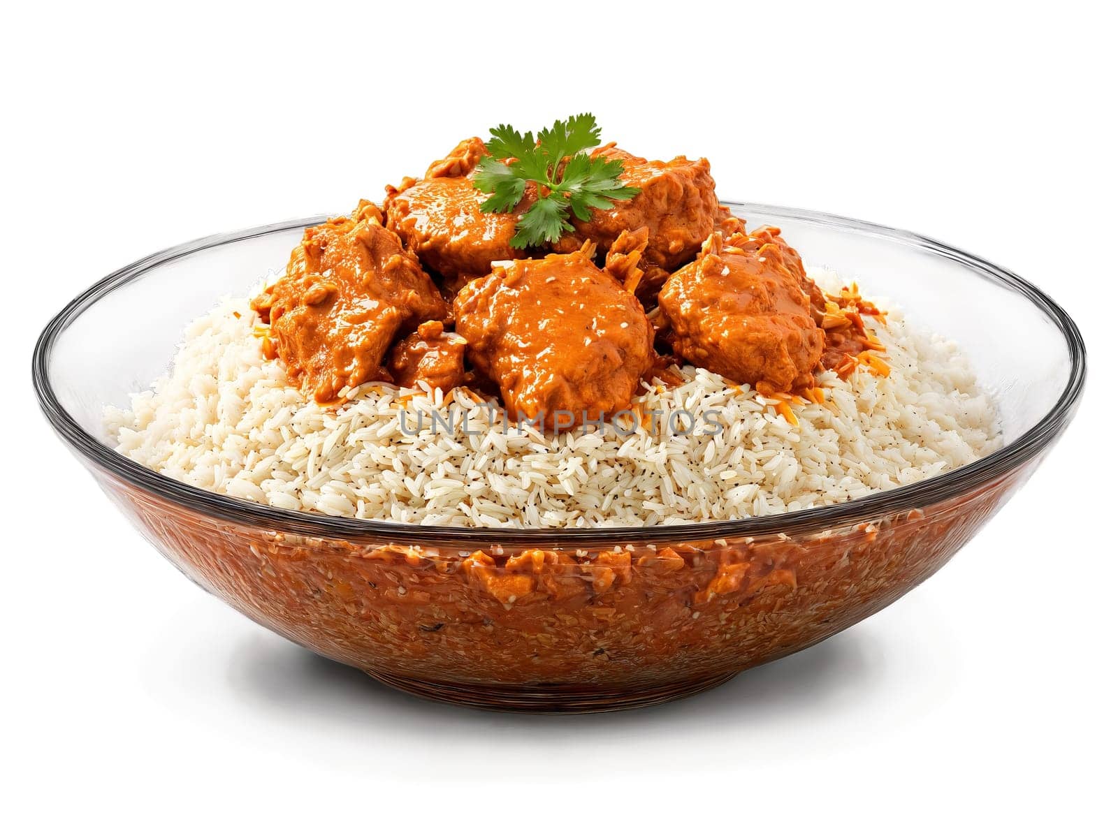 Butter chicken creamy and spiced with basmati rice on a transparent glass bowl warm tones. Food isolated on transparent background.
