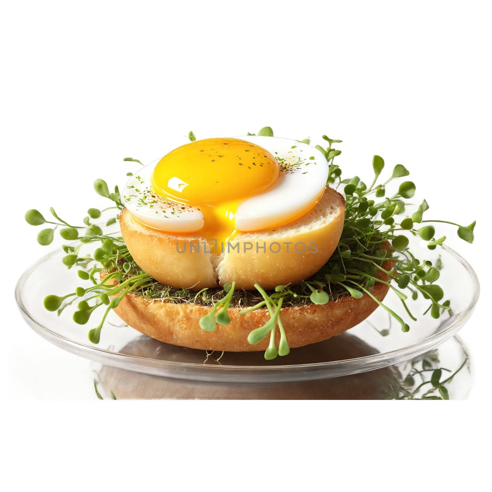 Quail egg toast golden yolk quivering on brioche round in glass dish micro greens isolated. Food isolated on transparent background.