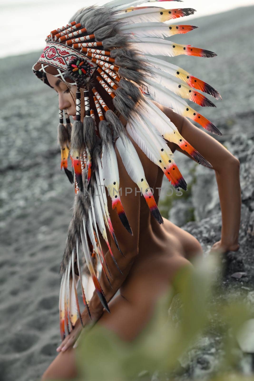 Naked sexy girl in Native American headdresses on the background of nature in the beautiful sunset light by Rotozey