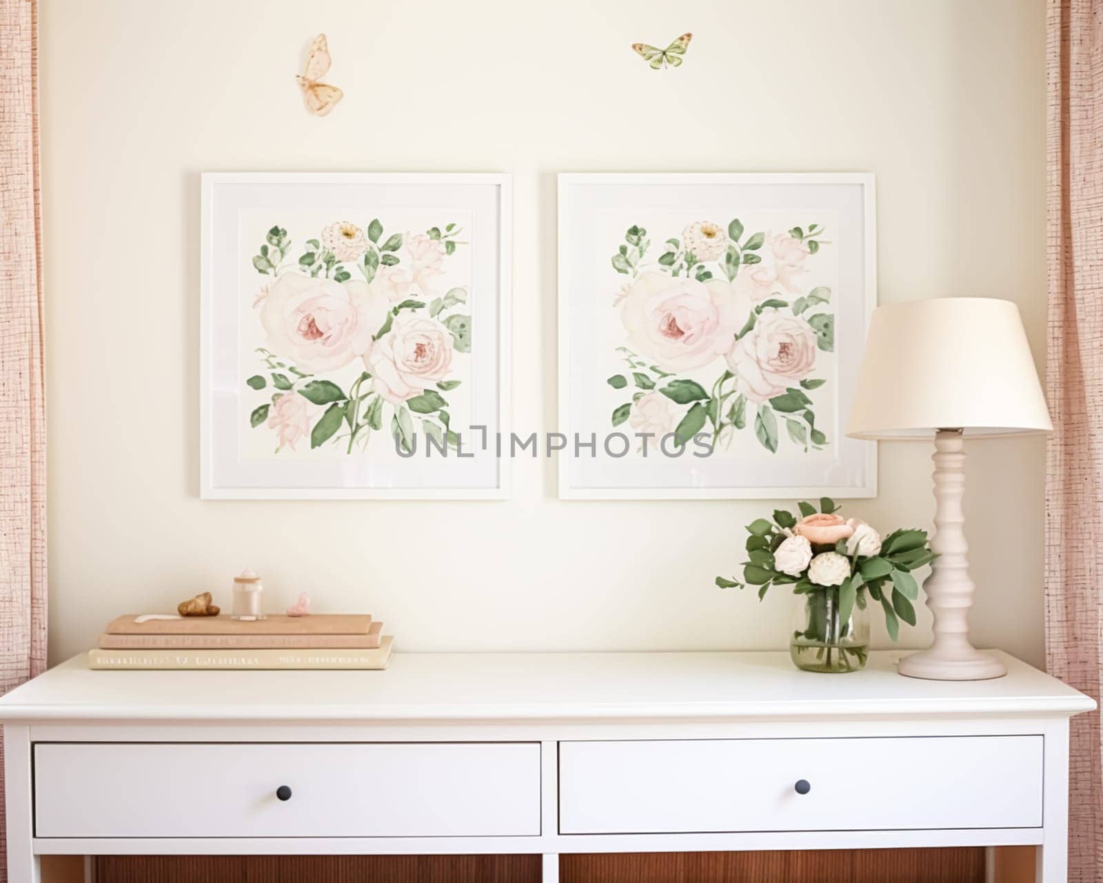 Nursery wall art, home decor and framed art in the English country cottage interior, room for diy printable artwork mockup and print shop idea