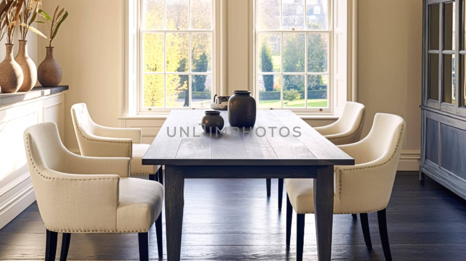 Modern cottage dining room decor, interior design and country house furniture, home decor, black table and white chairs, English countryside style interiors