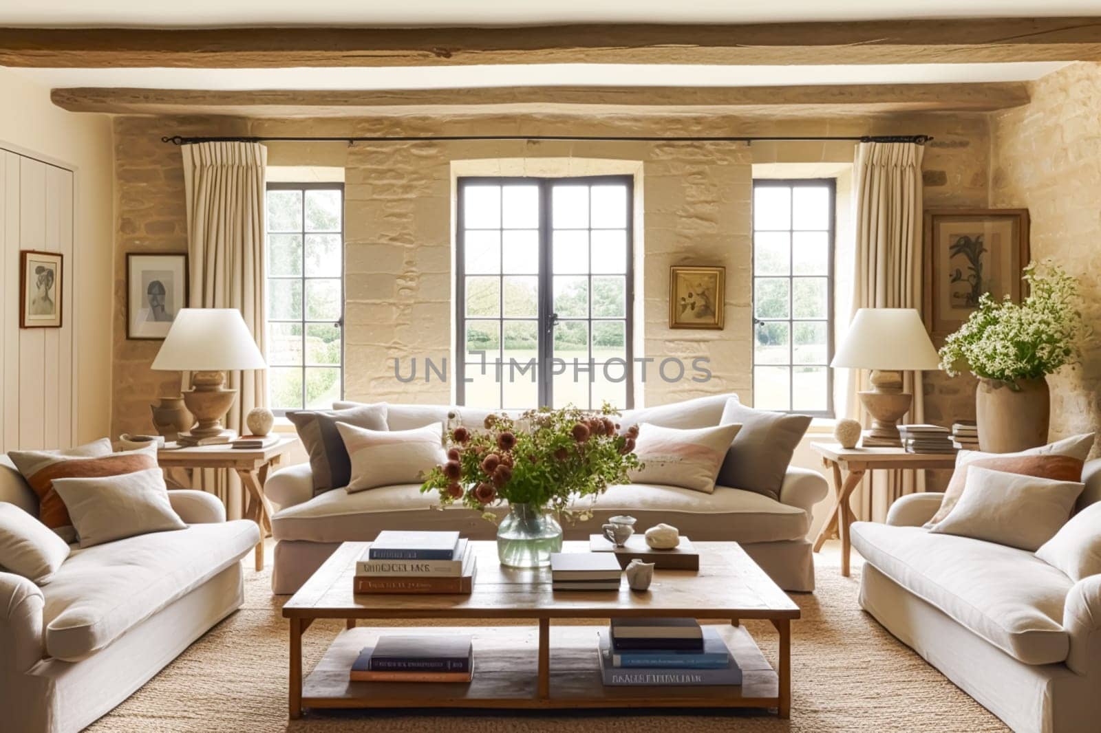 Cottage sitting room decor, interior design and house improvement, living room furniture, sofa and home decor in English country house style, post-processed, generative ai