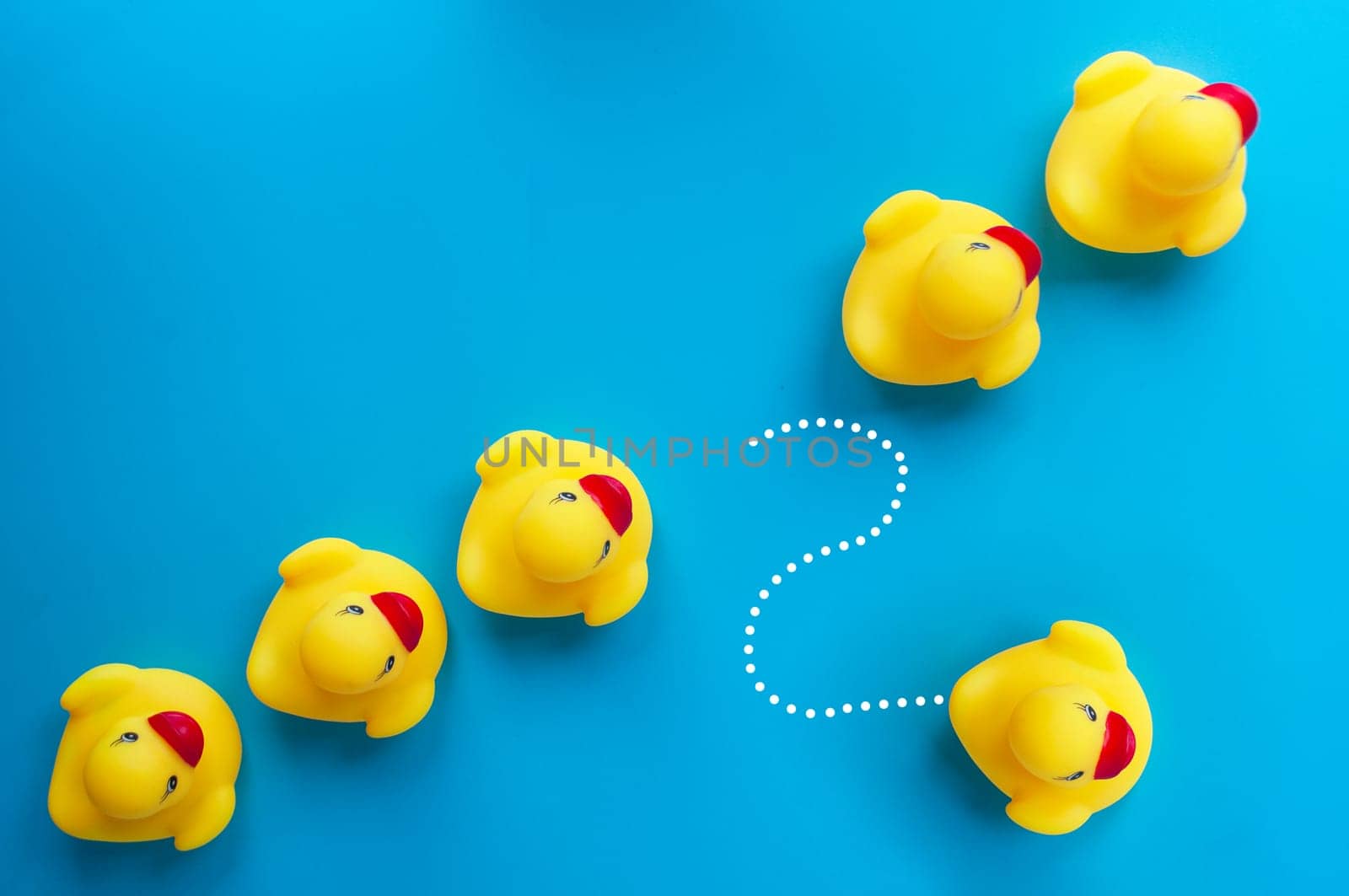 Top view of rubber duck one leaving the others. Leader and followers concept