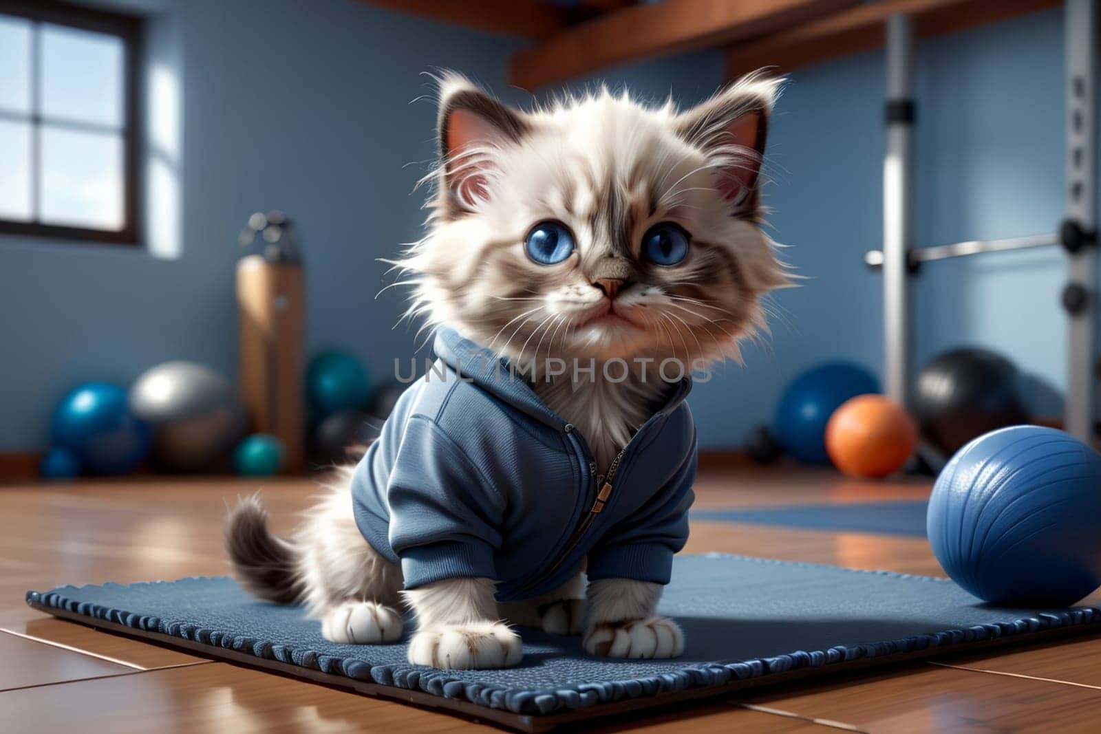 cute Ragdoll cat doing fitness in the gym .