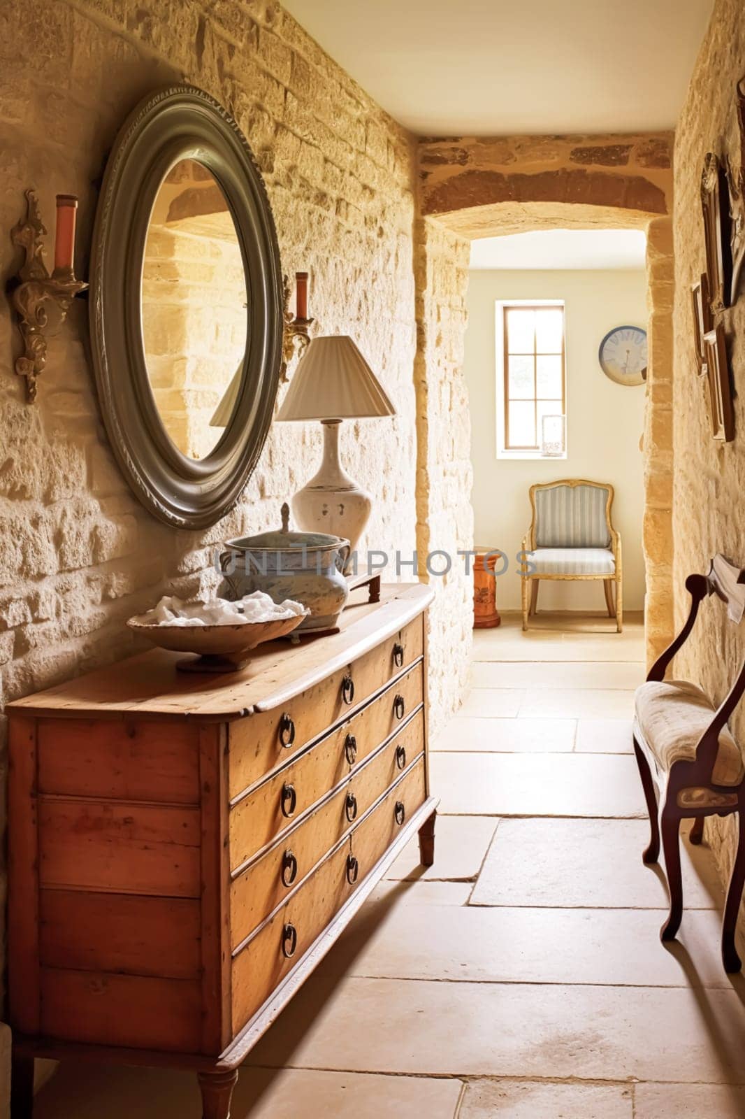 Old cottage hallway decor, interior design and house improvement, antique entryway furniture, stairway and entrance hall home decor in an English country house style, post-processed, generative ai