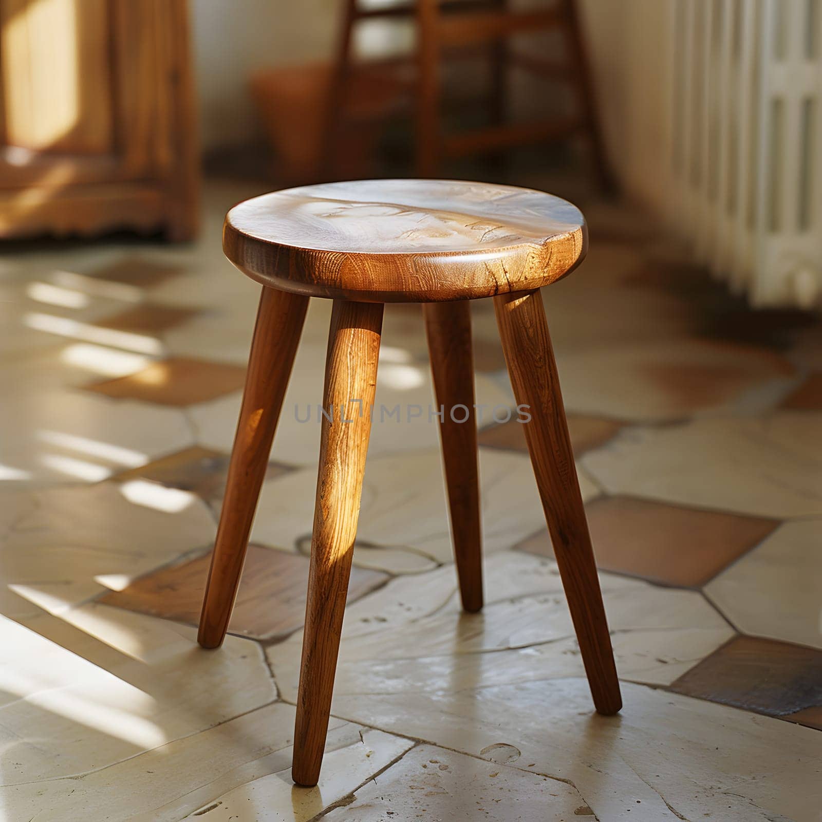 A bar stool made of wood is placed on a hardwood floor with tiles. The stool is finished with wood stain and varnish, adding a rustic touch to the room