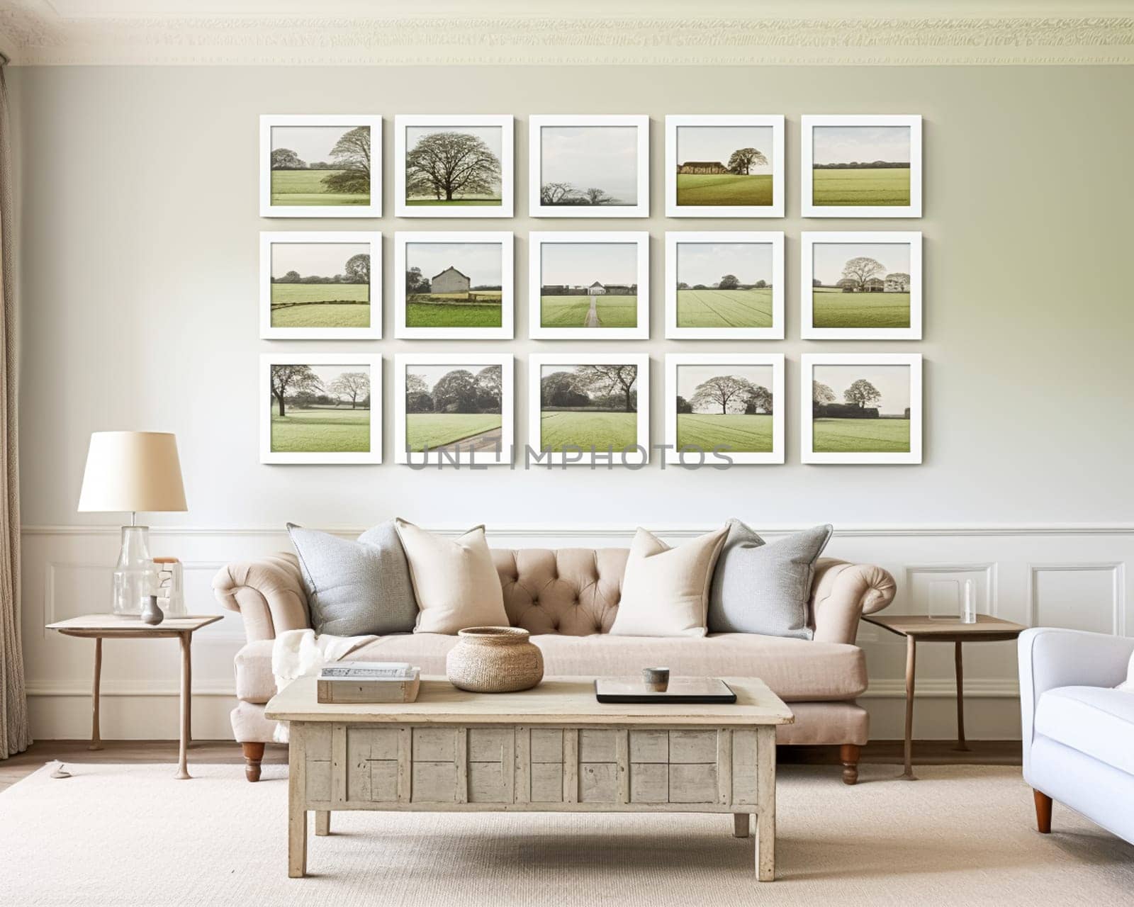 Minimalistic gallery wall, wall art, home decor and framed art in the English country house interior, room for diy printable artwork mockup and print shop sale