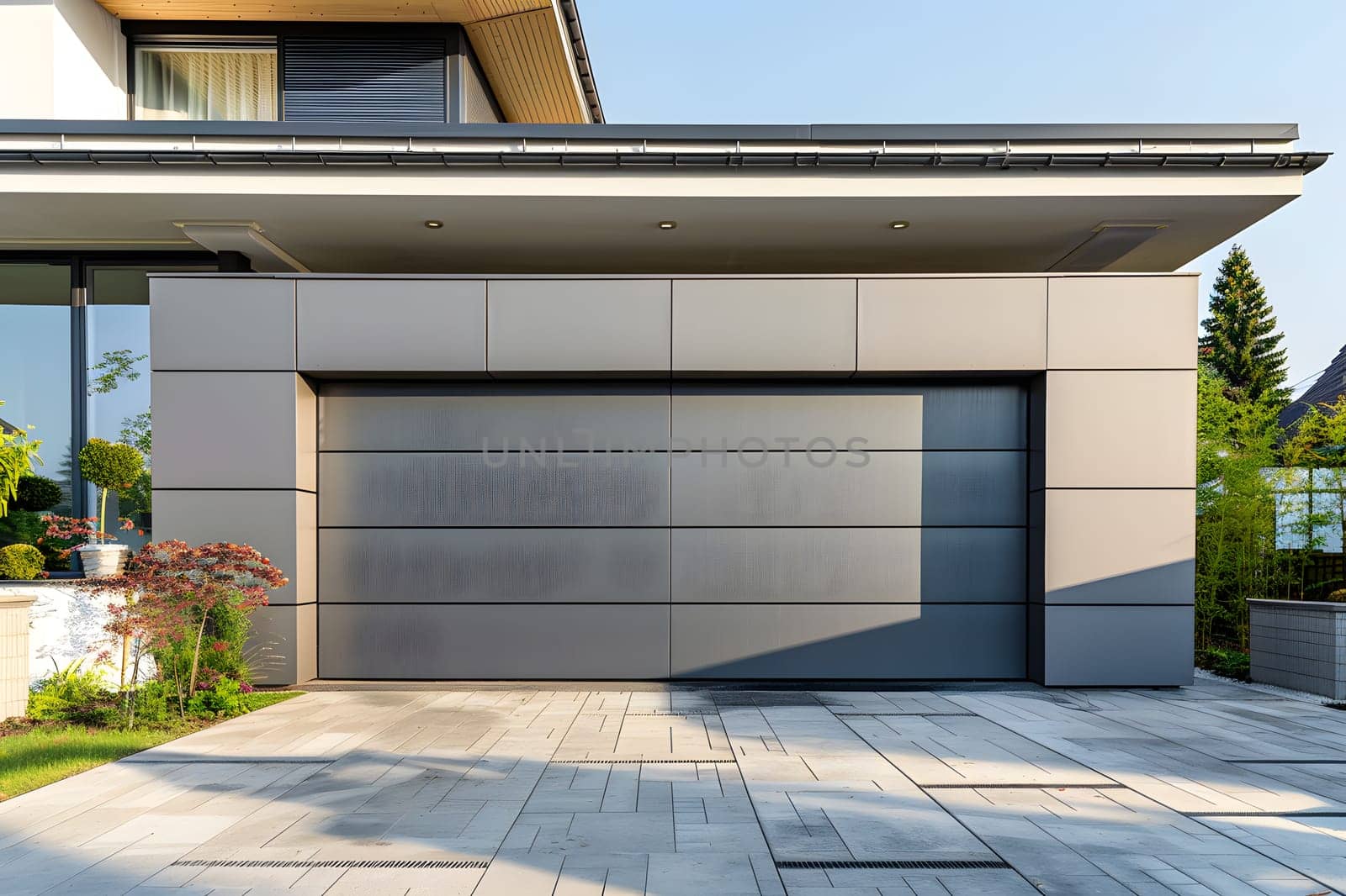 A modern house with a spacious garage door, driveway, and asphalt road surface leading to the property. The building material blends with the natural landscape under the clear sky