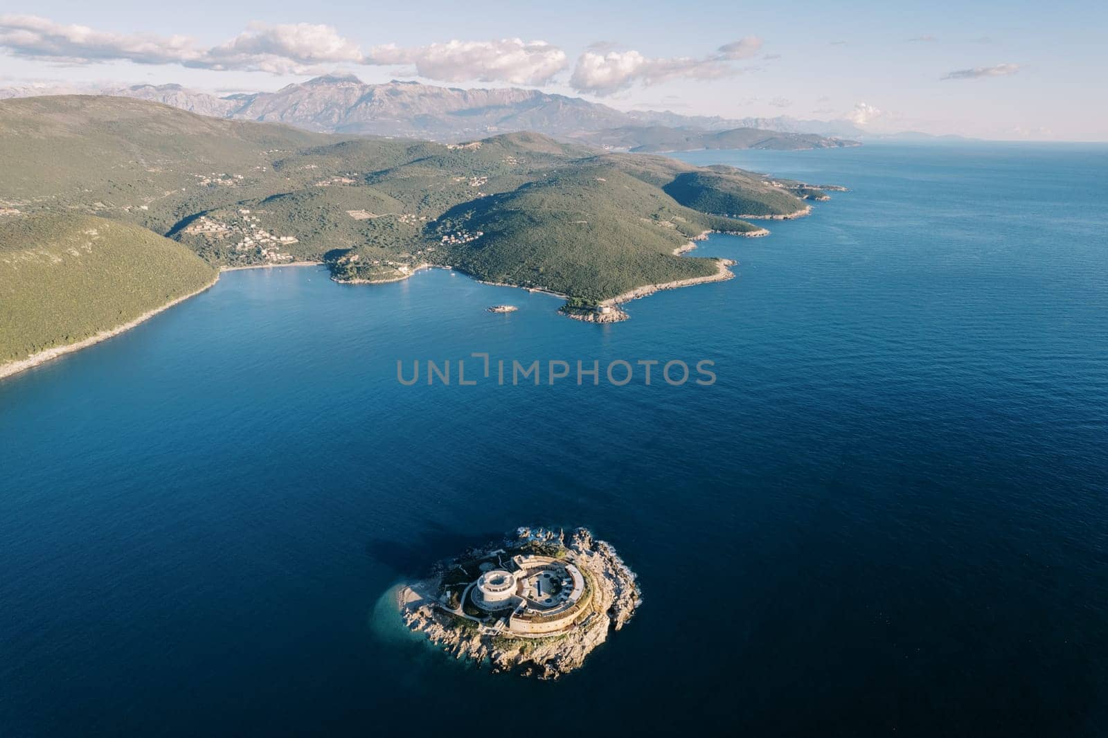 Fortress on the island of Mamula in the Bay of Kotor. Montenegro. Drone. High quality photo