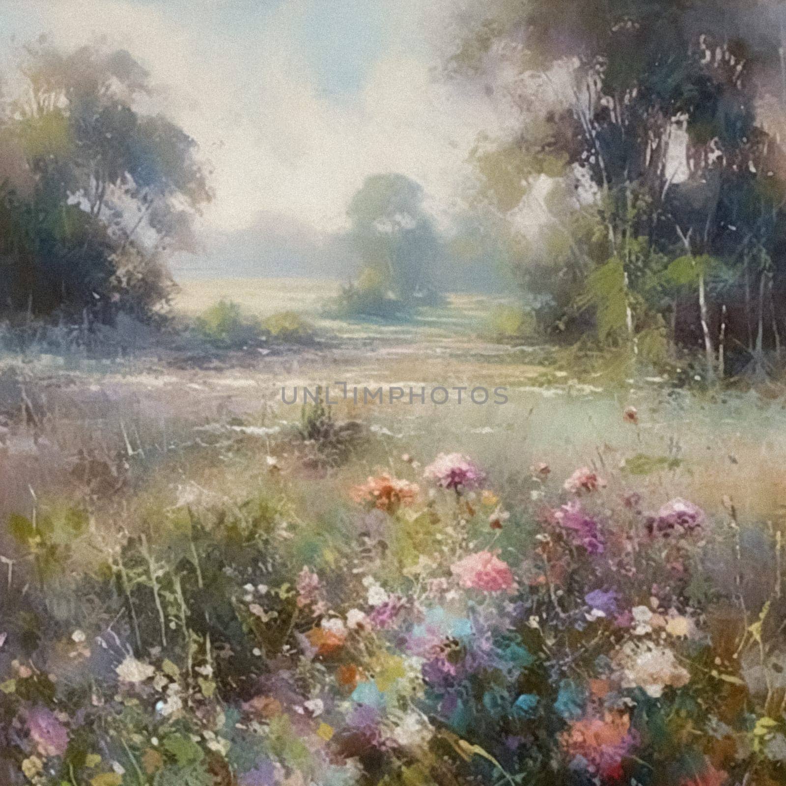 Oil style fine art painting of the English countryside, depicting romantic floral meadow, flowers field in soft pastel colours, evoking a sense of tranquility and natural beauty, printable art by Anneleven