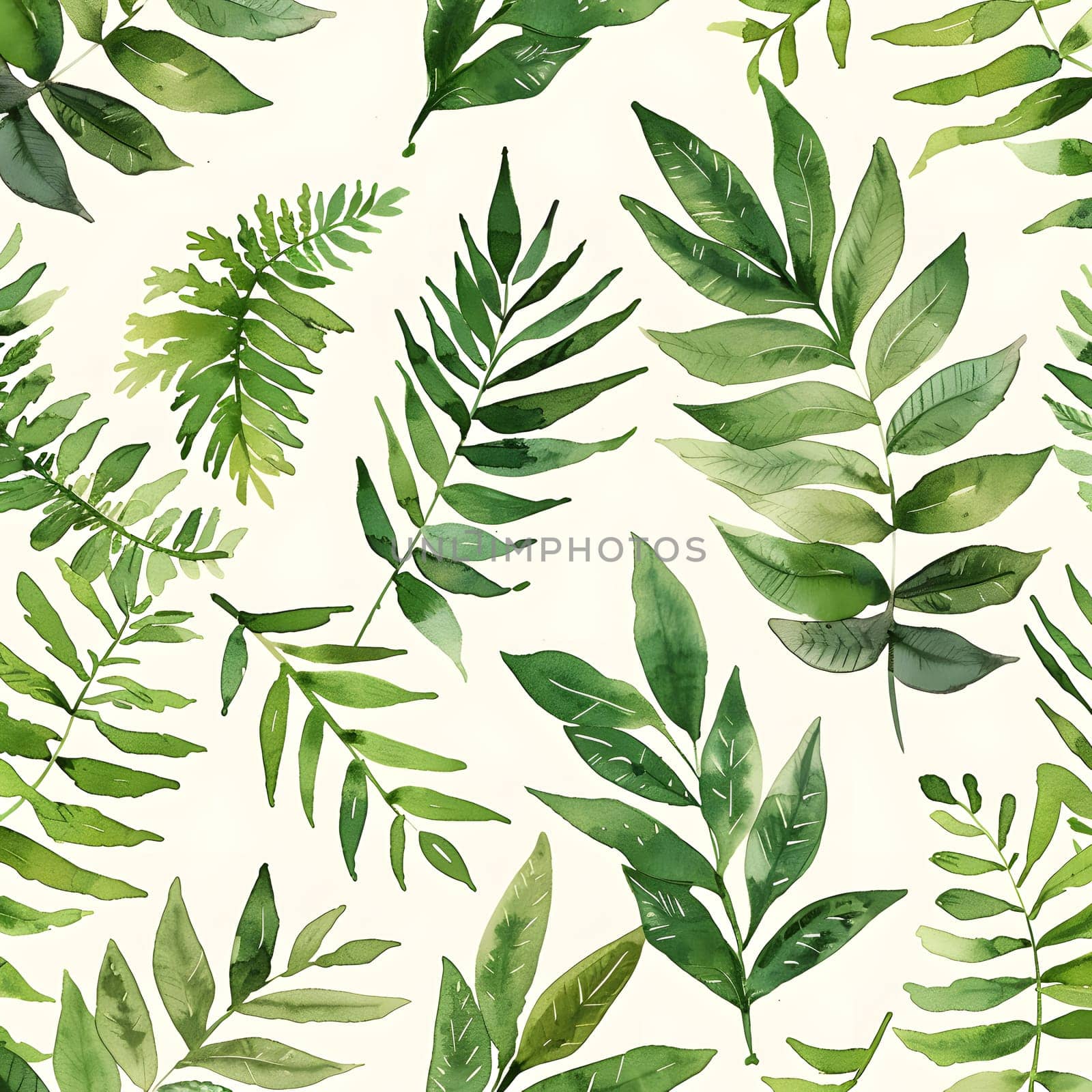 A botanical pattern showcasing a seamless arrangement of green leaves on a white background, symbolizing the beauty and complexity of terrestrial plant organisms in nature