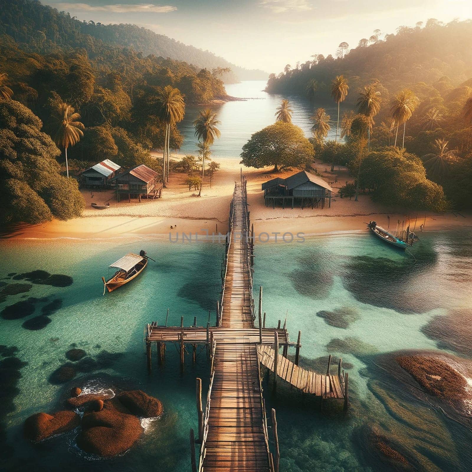 A rustic wooden bridge stretching over a body of tropical water surrounded by jungle and beach, capturing the essence of a tropical vacation.