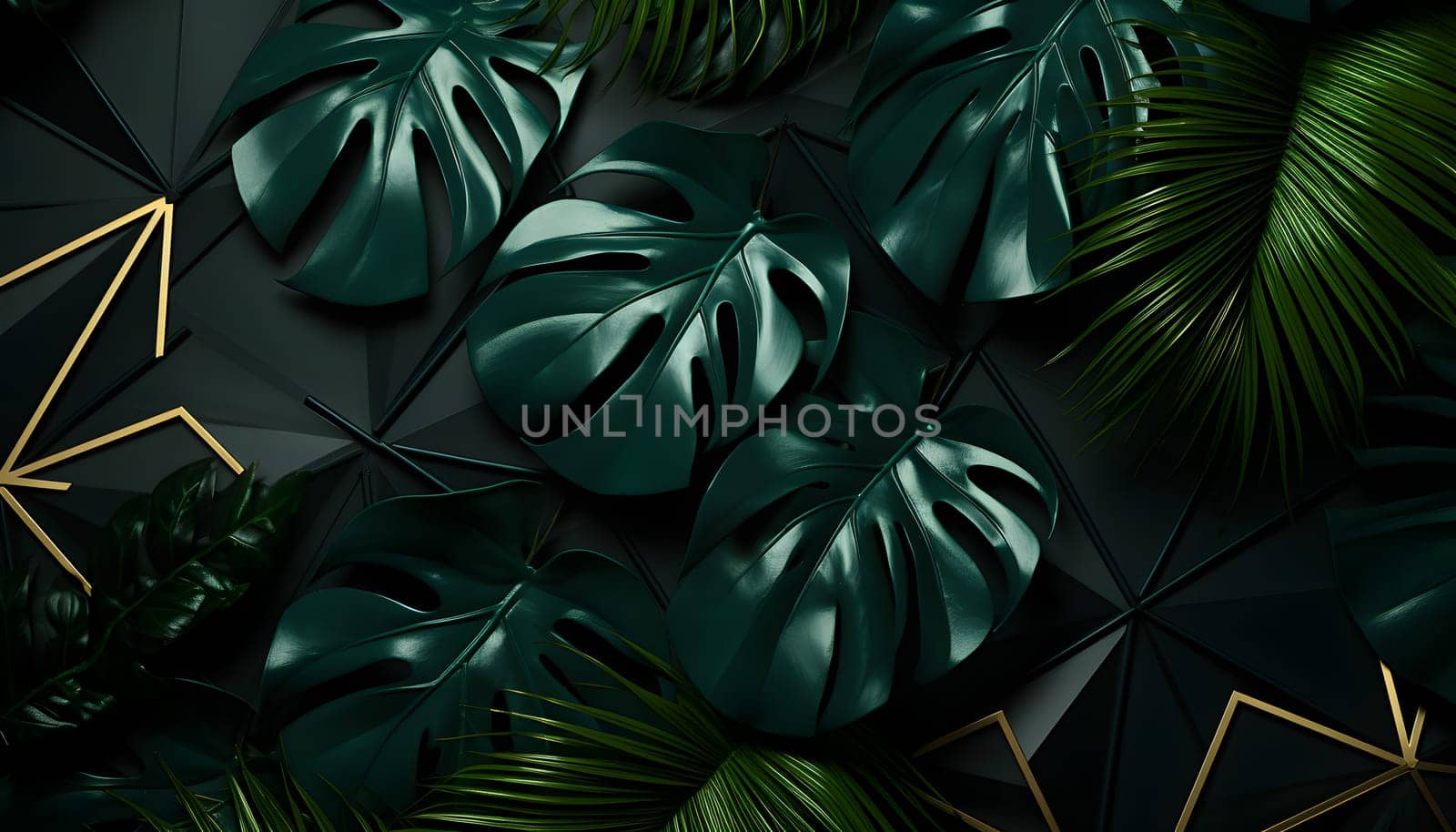 A captivating display of creative design featuring tropical green leaves entwined with shimmering gold triangles on a dramatic black background. The intricate arrangement forms a mesmerizing visual composition that sparks intrigue and artistic wonder.